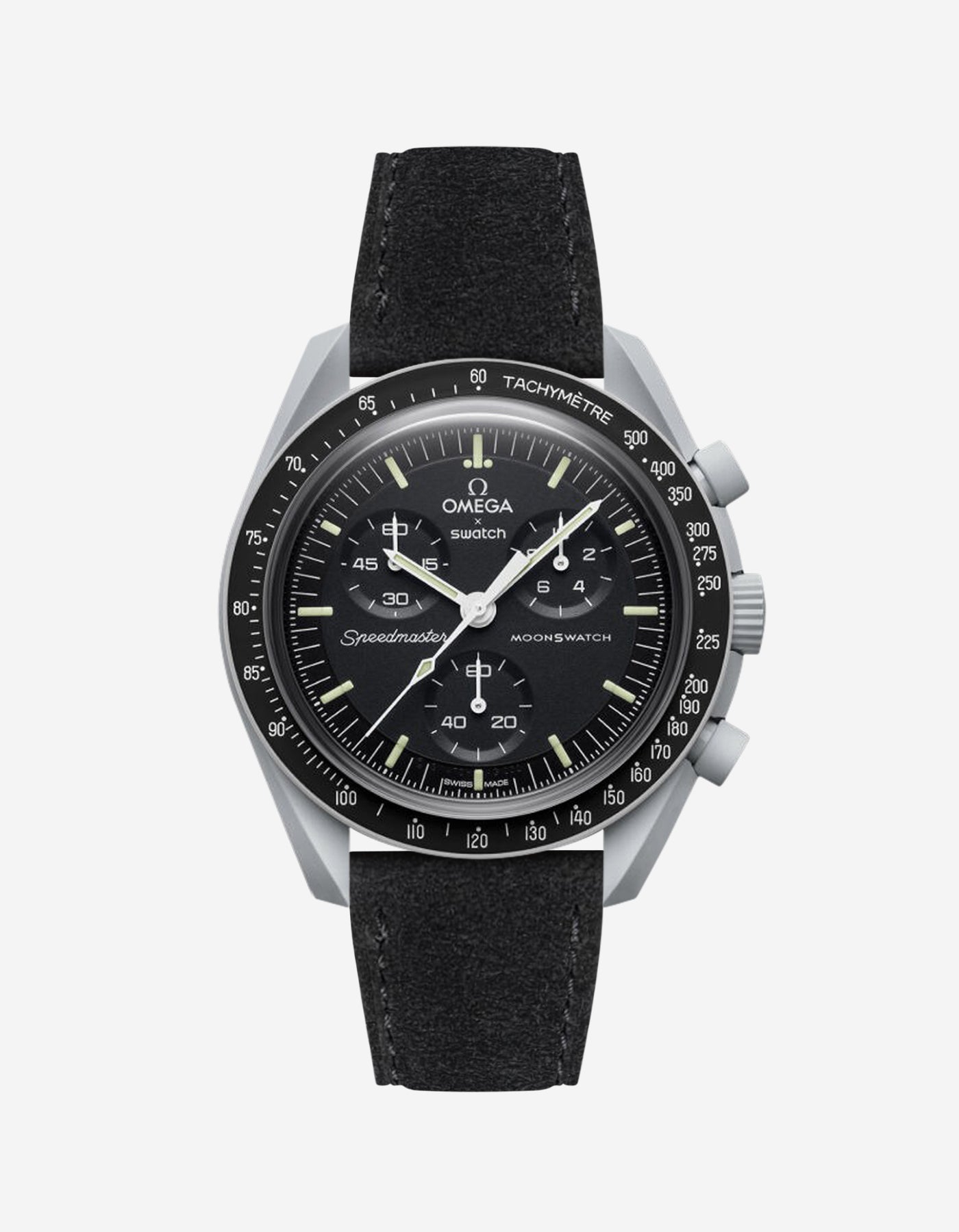 Omega X Swatch Mission to the Moon with Black suede leather strap mounted on watch – front view