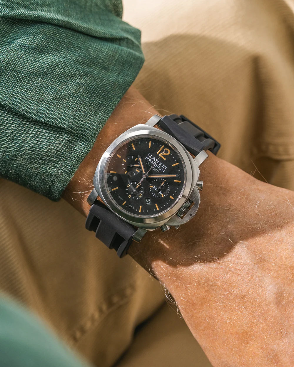 Black Universal FKM Rubber Strap wrist shot on Panerai Luminor