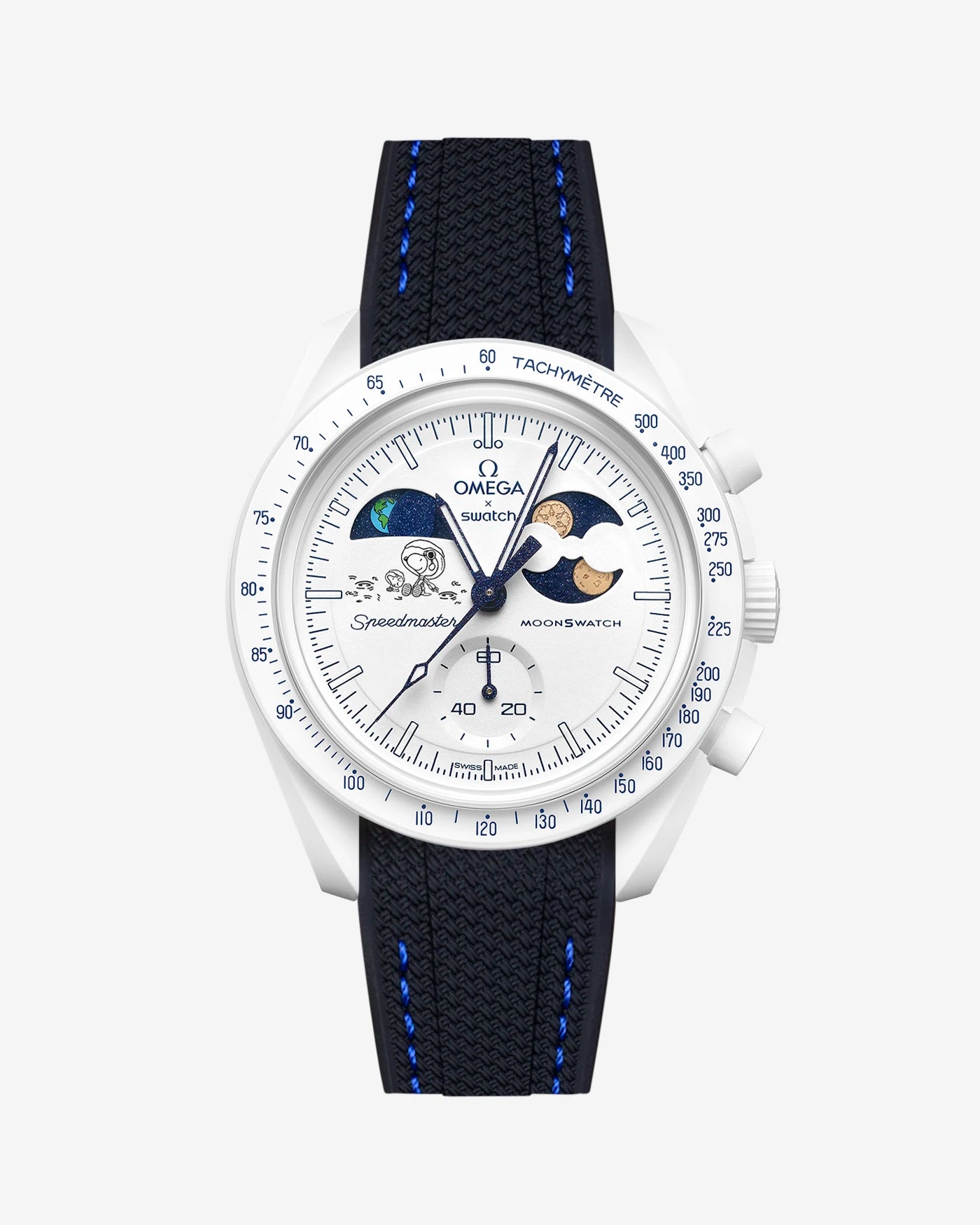 Black and blue Rubber Strap on Omega x Swatch MoonSwatch Mission To Earthphase - Moonshine Gold Cold Moon