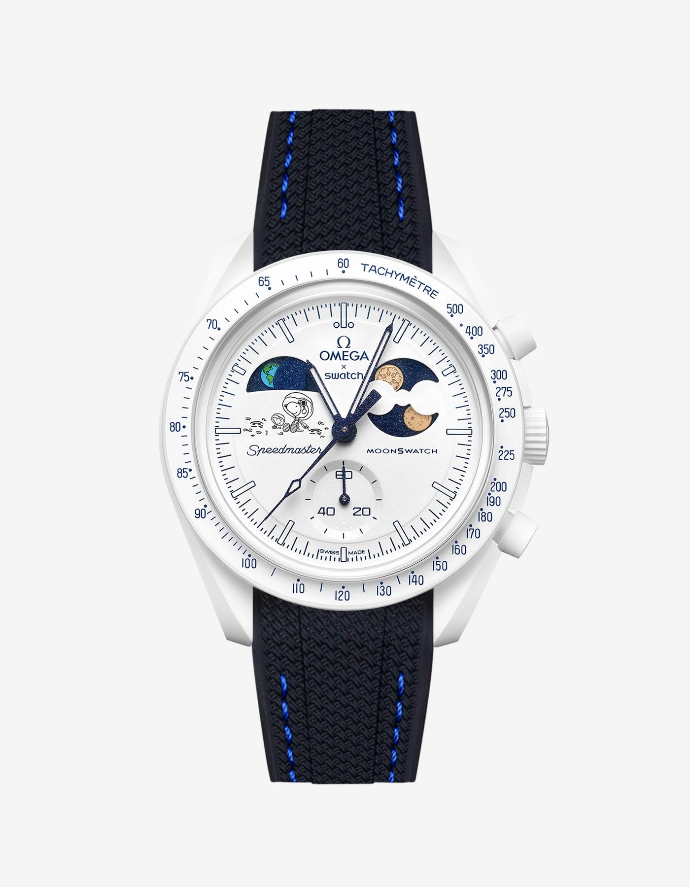 Black and blue Rubber Strap on Omega x Swatch MoonSwatch Mission To Earthphase - Moonshine Gold Cold Moon