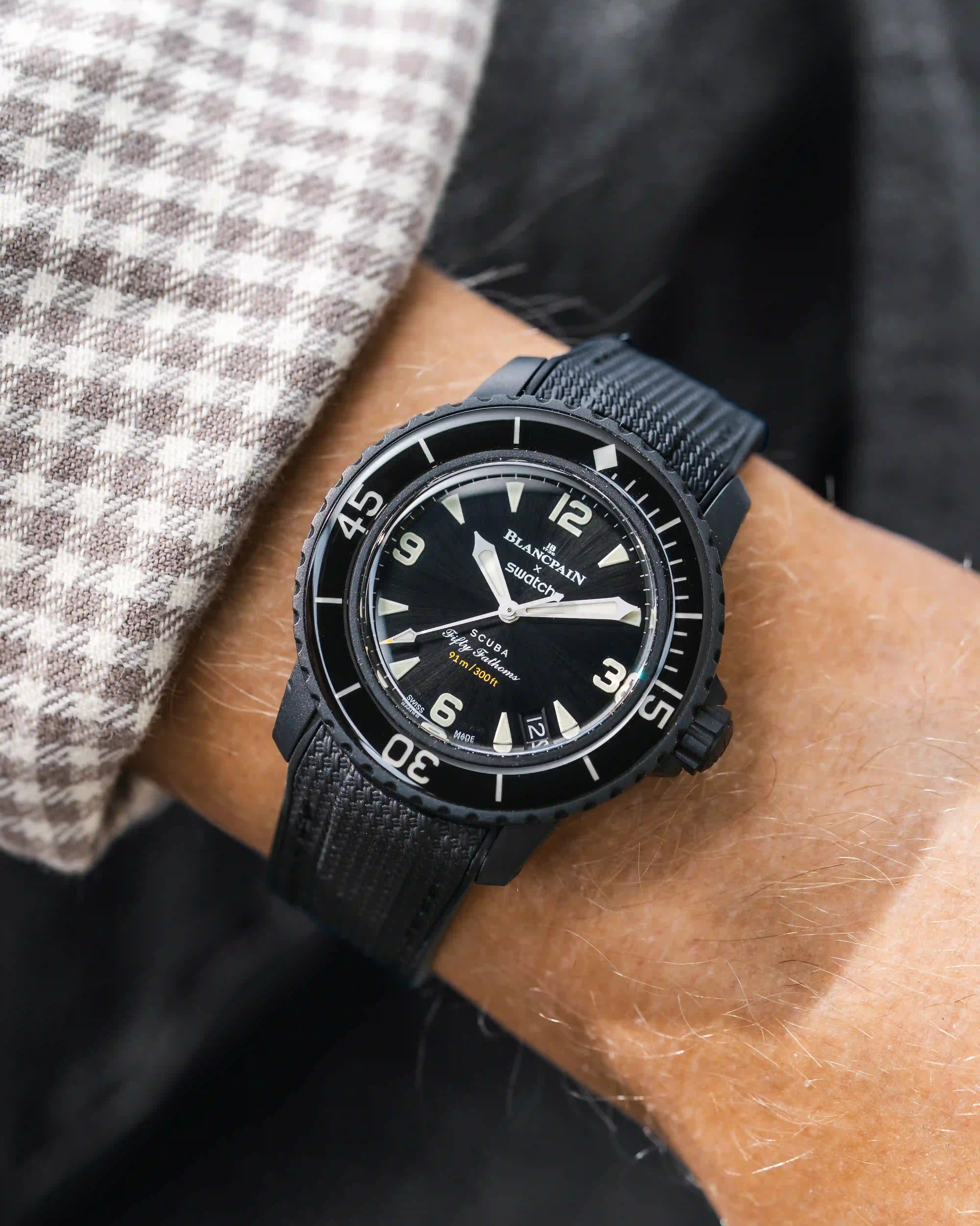 Black Vertech Rubber Strap for Blancpain X Swatch The Ocean Of Storms - wristshot with shirt