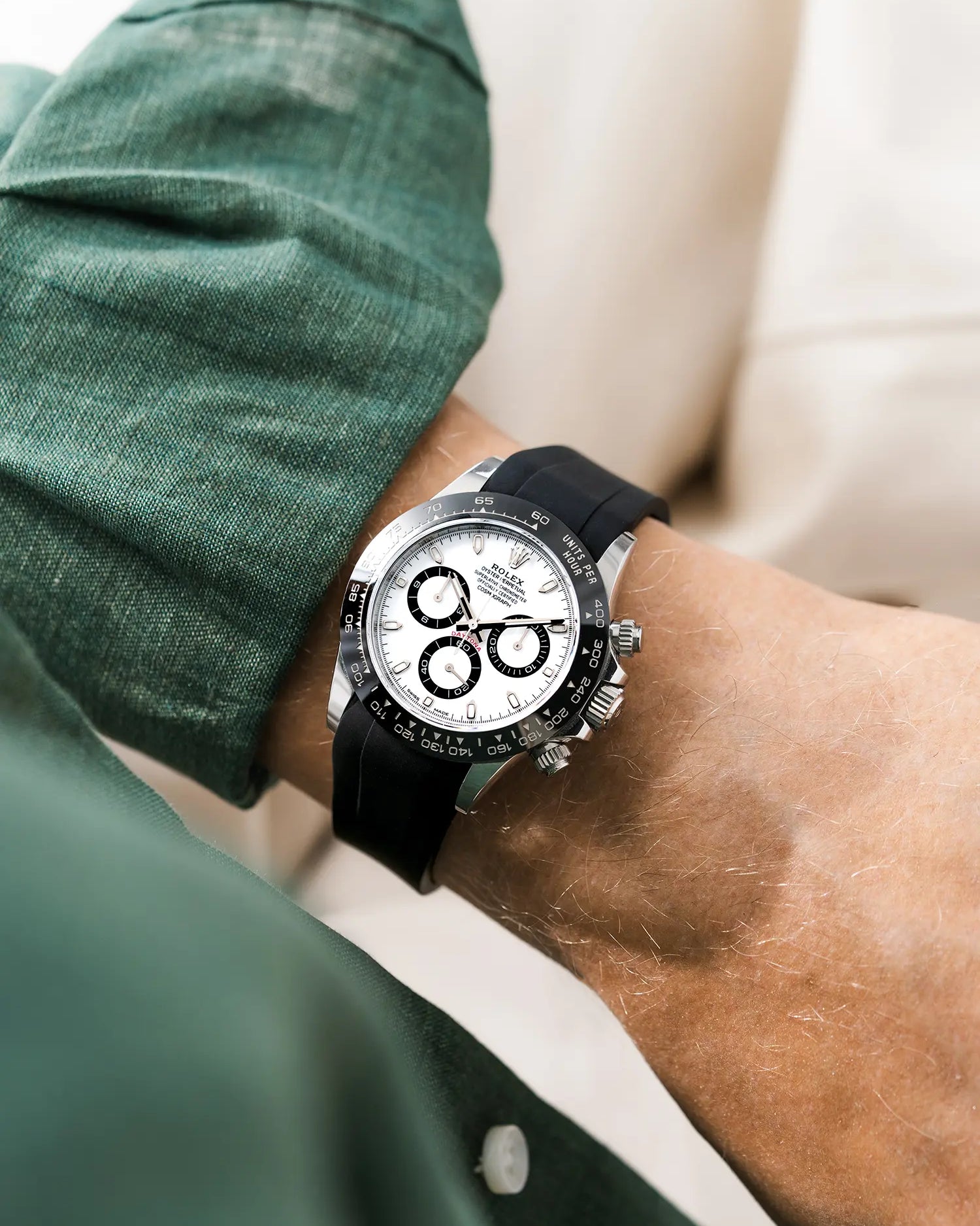 Black FKM Rubber Strap Integrated for Original Clasp Rolex Daytona 116500 wrist shot with green shirt