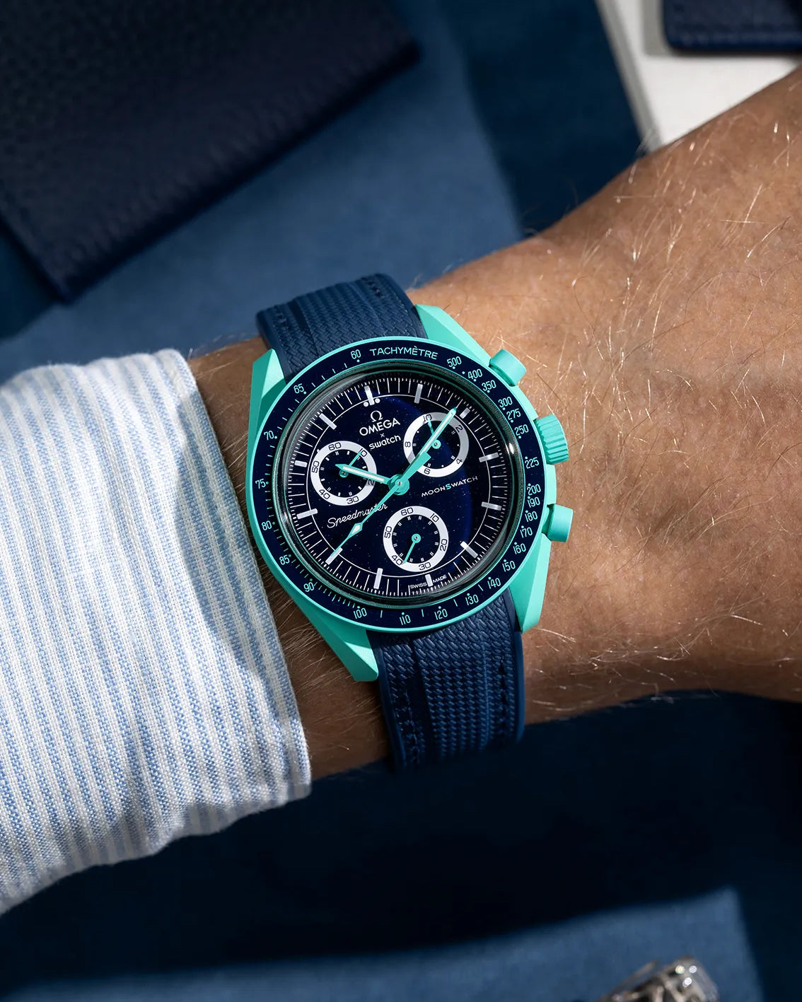 Blue Curved Vertech rubber strap for MoonSwatch Mission On Earth - Polar Lights – wrist shot