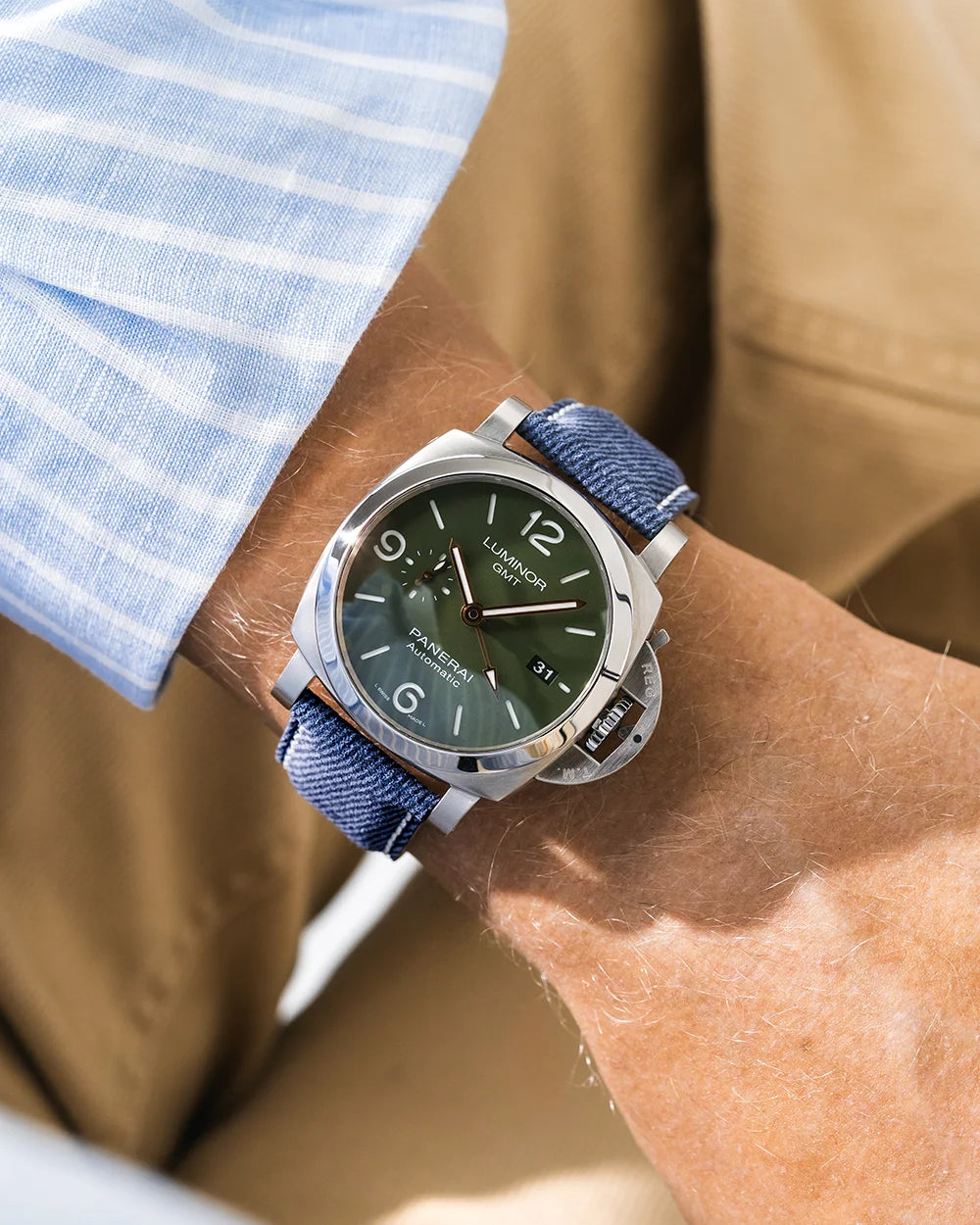 Blue & White Stitches Denim Strap for Panerai wrist shot