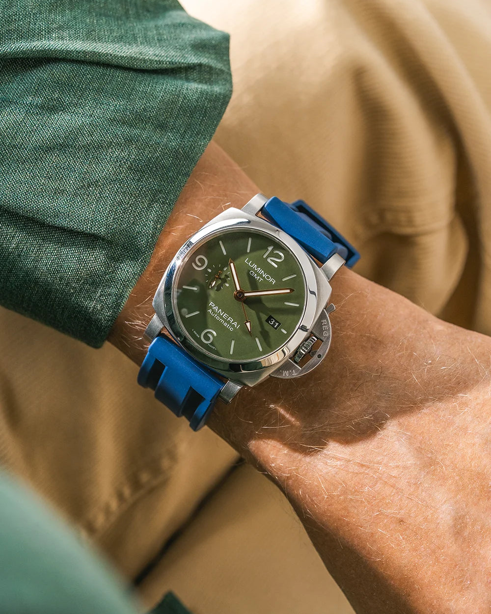 Navy Blue Universal FKM Rubber Strap wrist shot on Panerai Luminor GMT