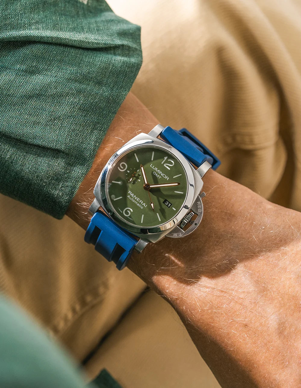 Navy Blue Universal FKM Rubber Strap wrist shot on Panerai Luminor GMT