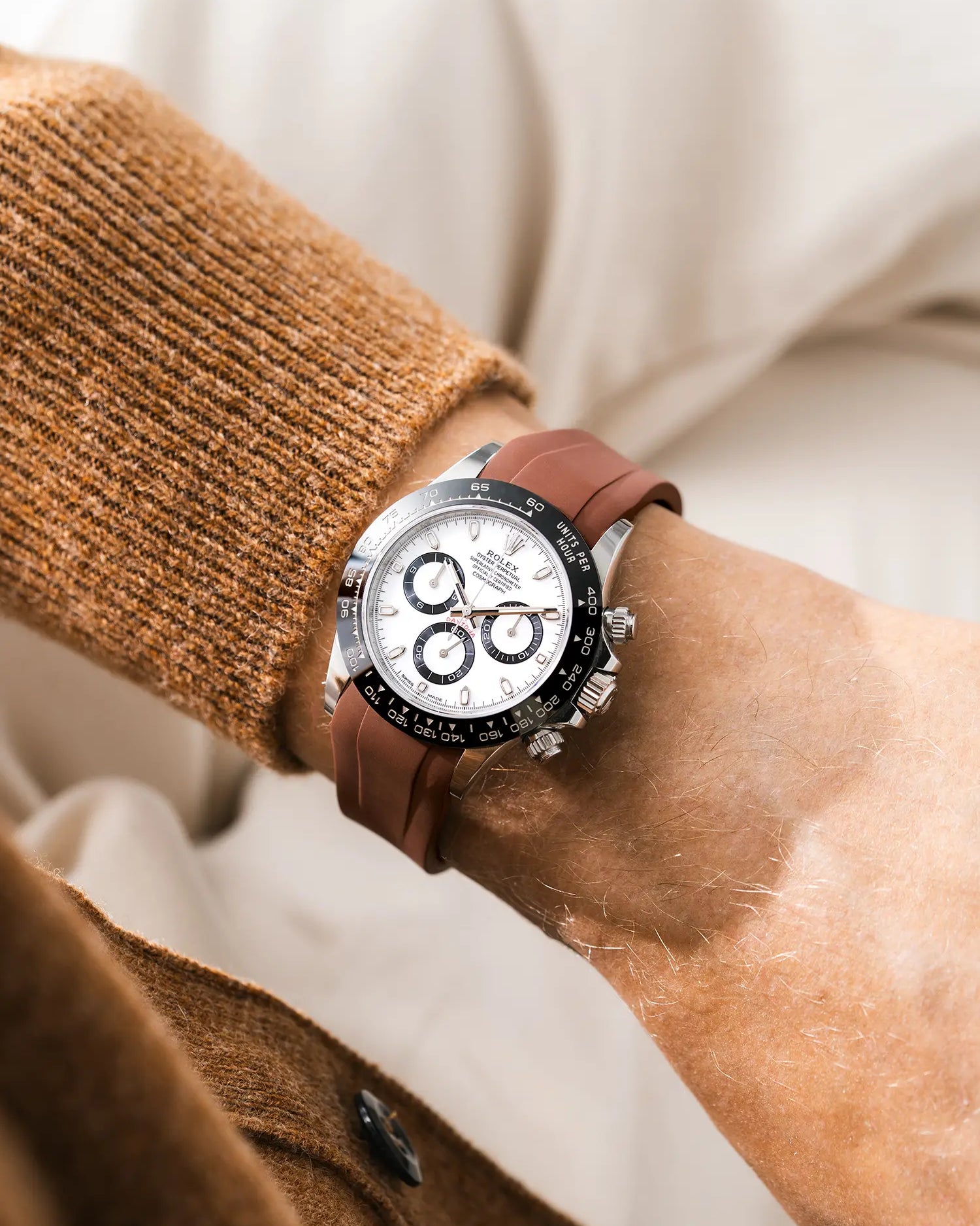 Brown FKM Rubber Strap Integrated for Original Clasp - Rolex Daytona 116500 wrist shot with brown shirt