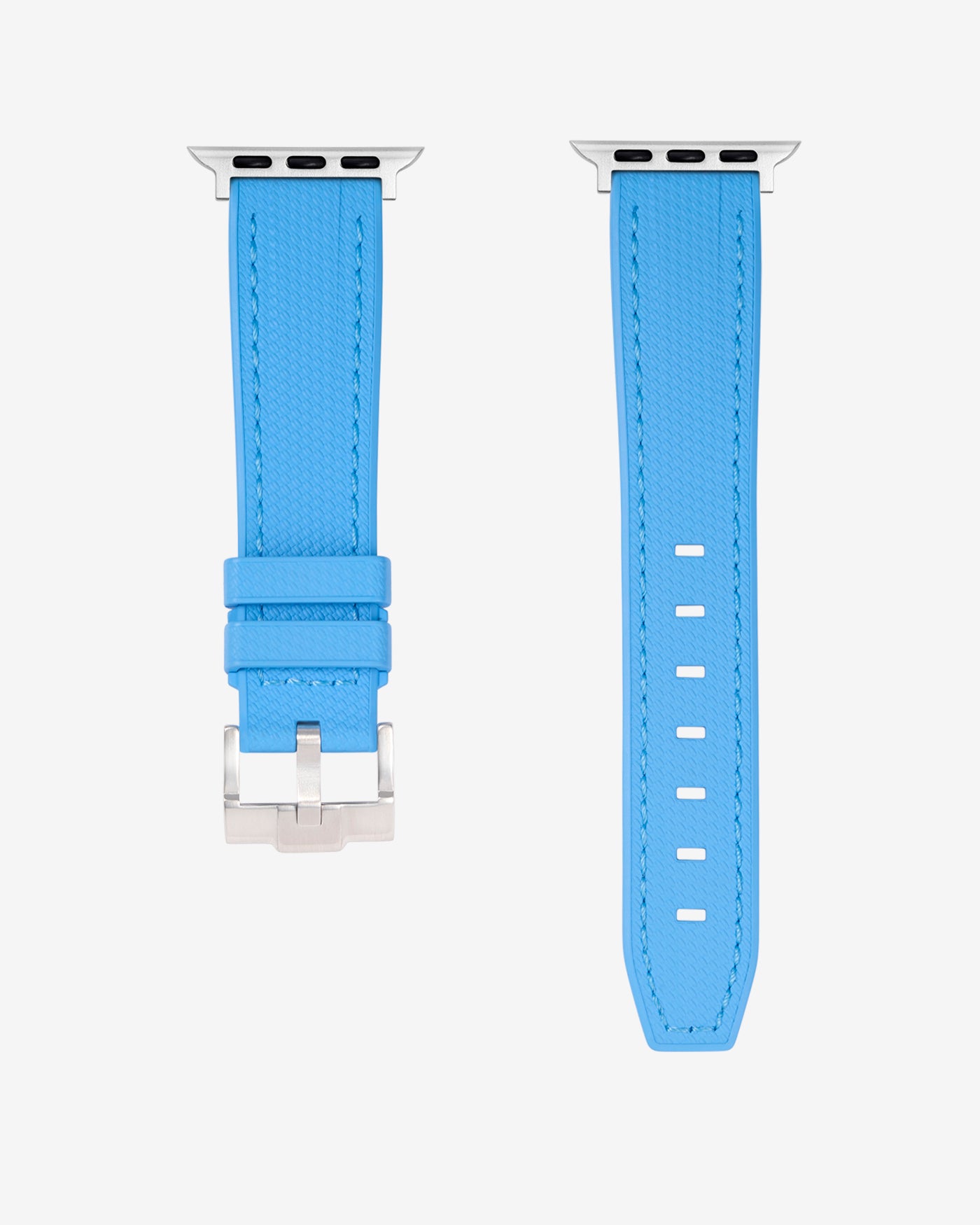A Capri Blue Rubber Apple Watch Band in detail with silver buckle