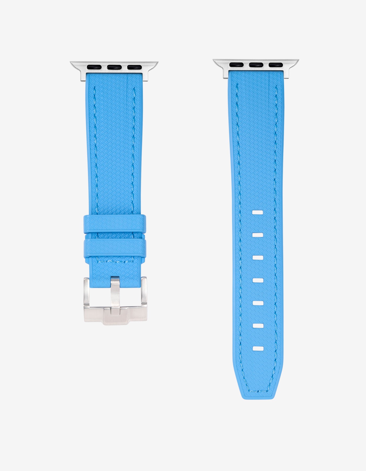 A Capri Blue Rubber Apple Watch Band in detail with silver buckle