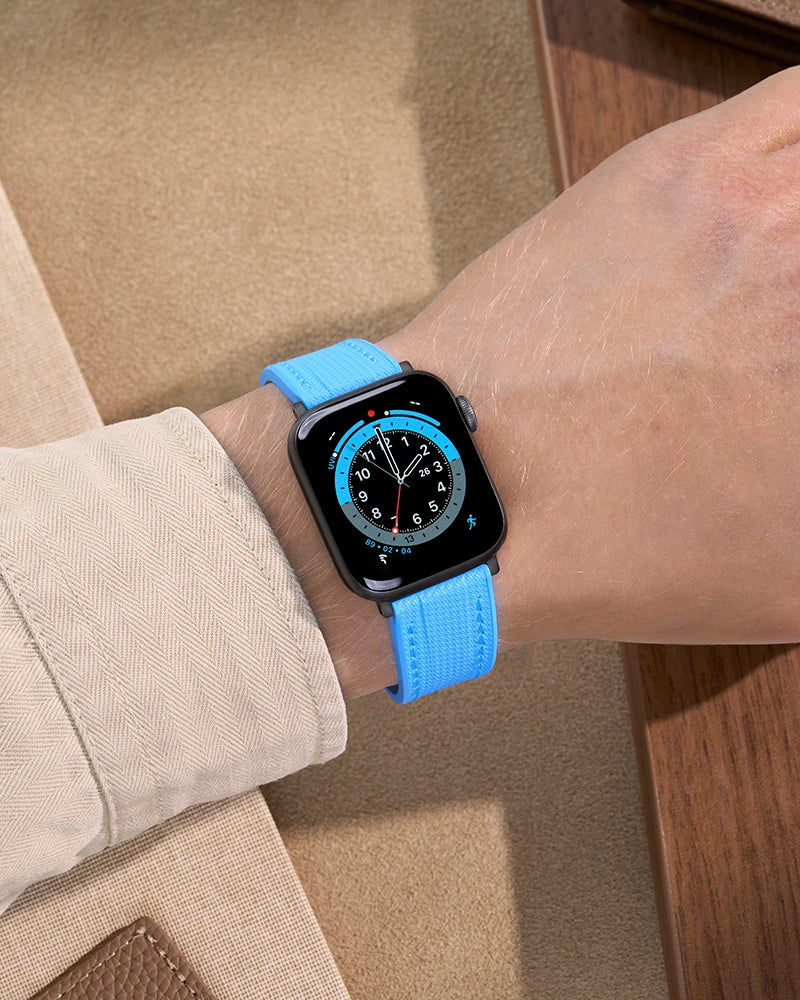 Modern Capri Blue Apple Watch Band on Wrist with beige background