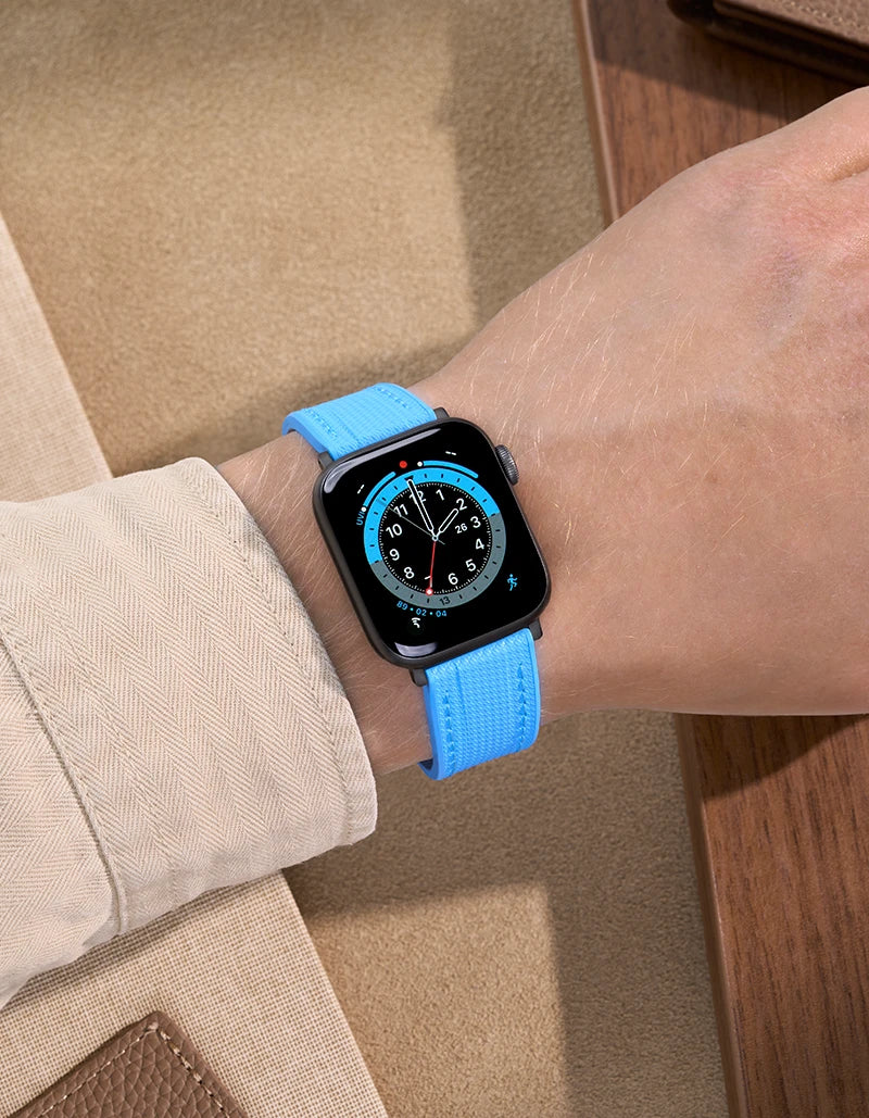 Modern Capri Blue Apple Watch Band on Wrist with beige background