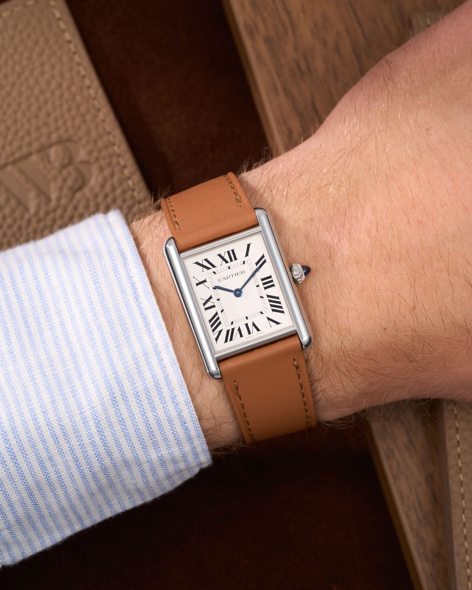 Brown Cowhide Leather Straps for Cartier Tank Must Large wrist shot with white and blue shirt