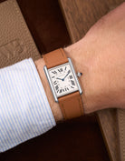 Brown Cowhide Leather Straps for Cartier Tank Must Large wrist shot with white and blue shirt