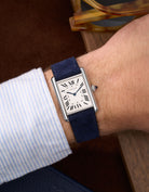 Dark Blue Suede Leather Straps for Cartier Tank Must Large wrist shot over brown table