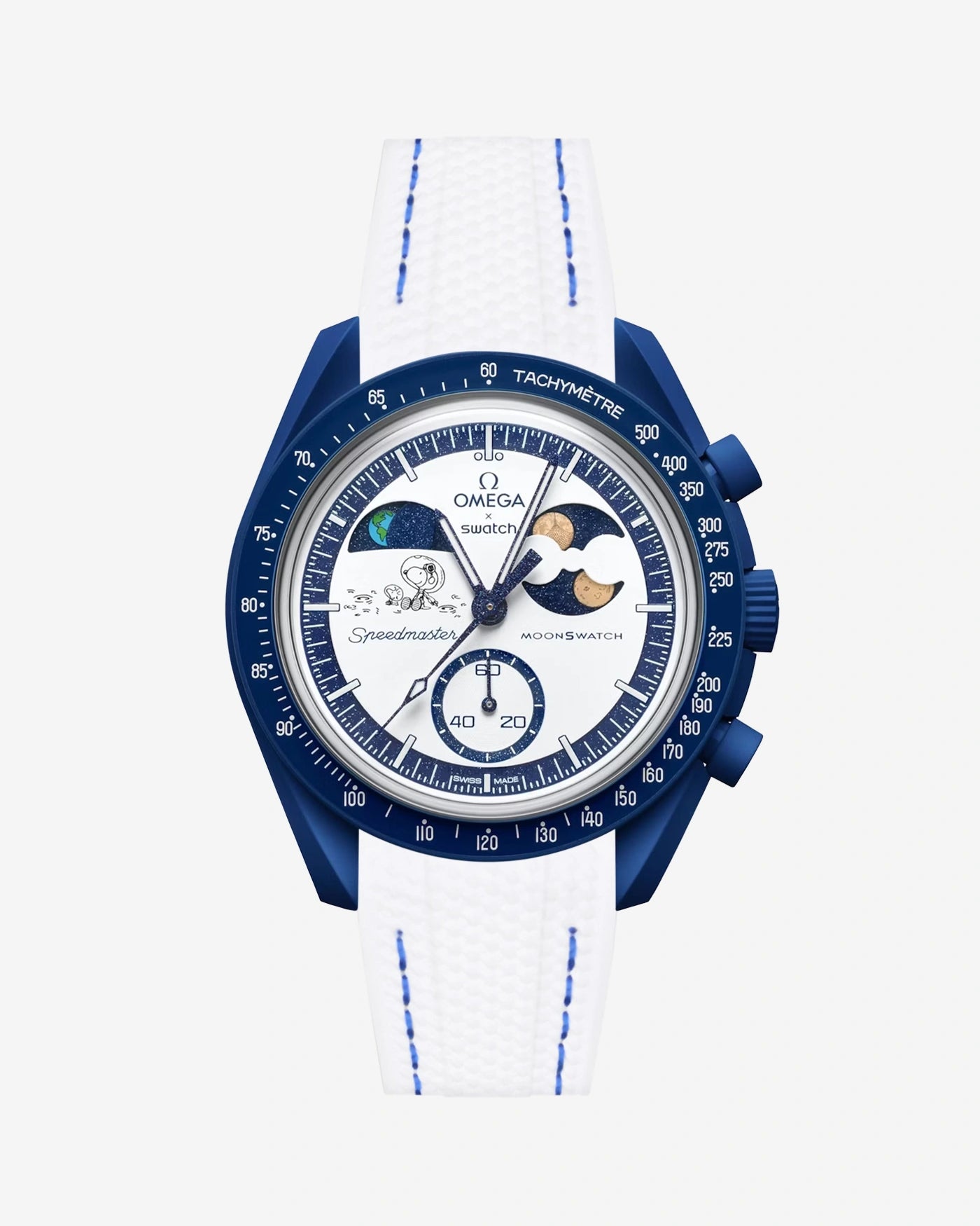 White rubber strap with Blue stitching For MoonSwatch Mission To Earthphase - Moonshine Gold attached to the watch