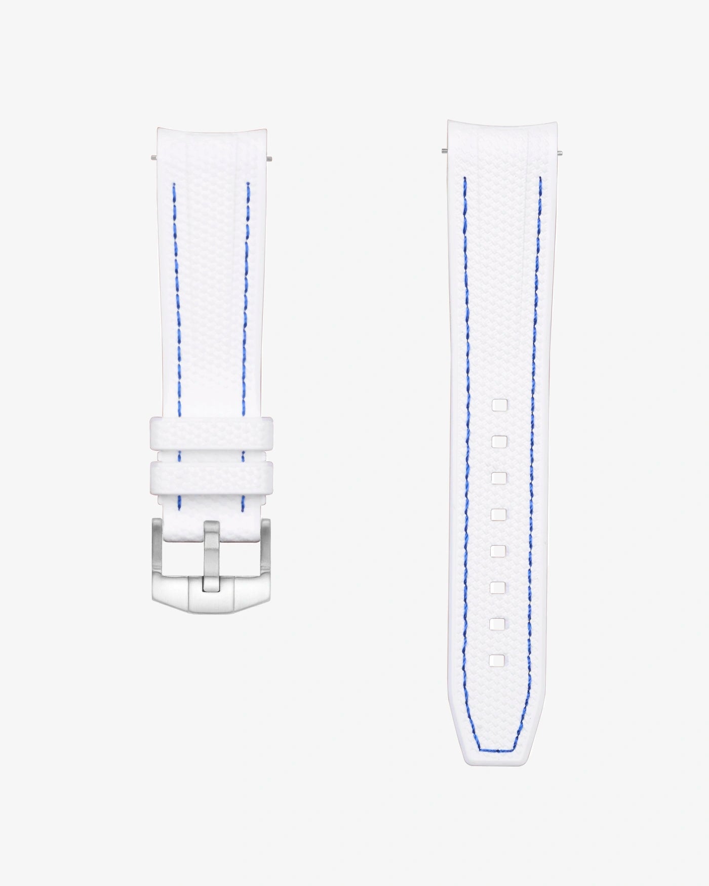 White watch strap with blue stitching on a white background