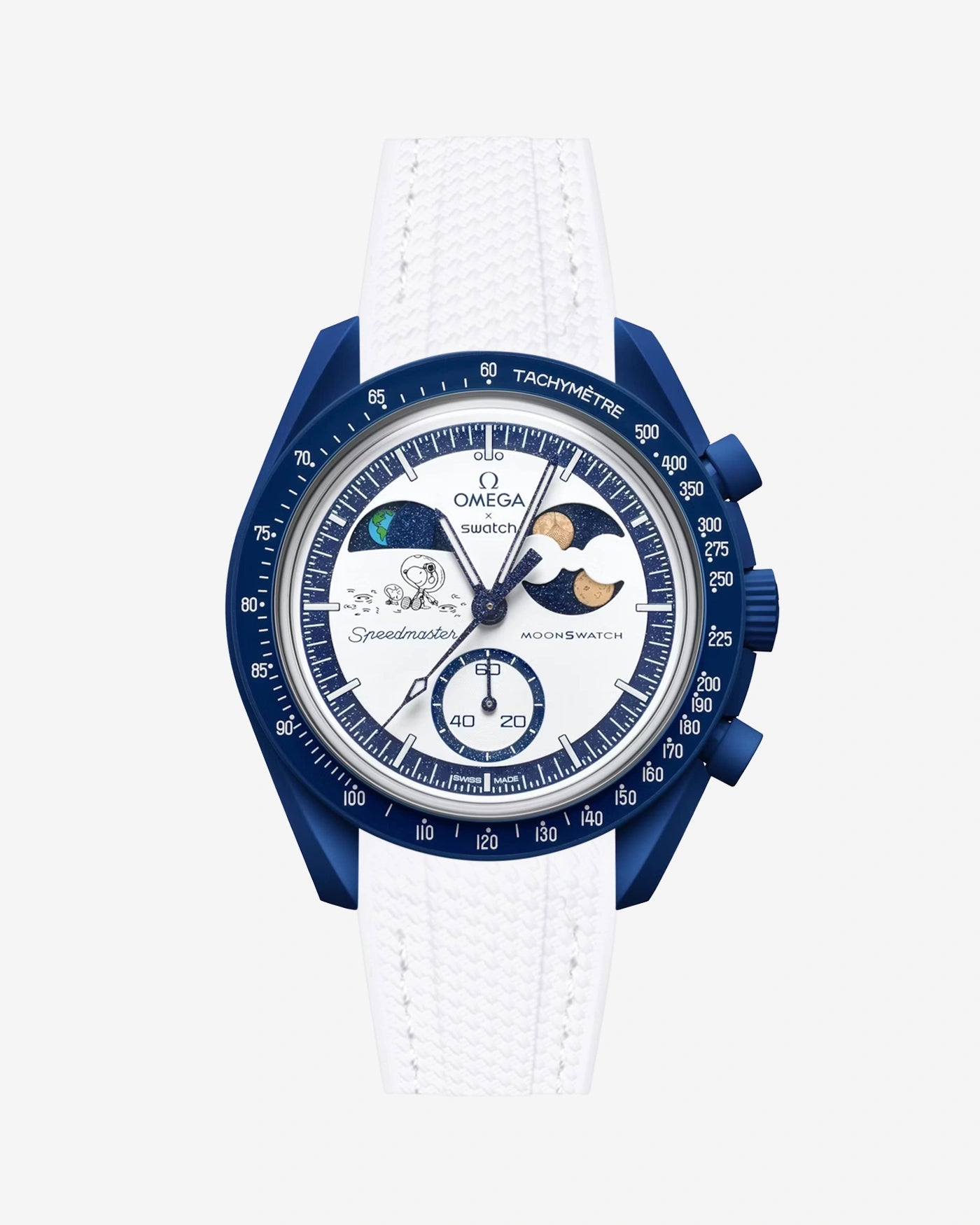 White Rubber Strap For Omega x Swatch MoonSwatch Mission To Earthphase - Moonshine Gold attached to the watch front view