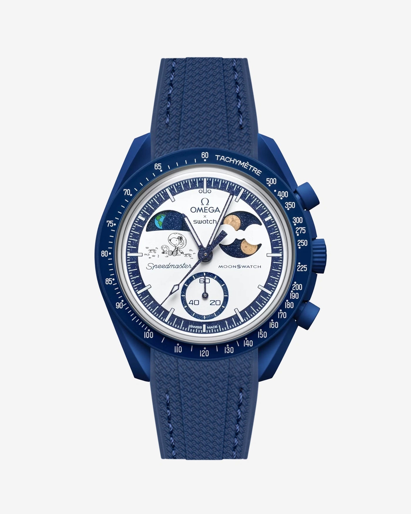 Navy Blue Rubber Strap For Omega x Swatch MoonSwatch Mission To Earthphase - Moonshine Gold attached to the watch
