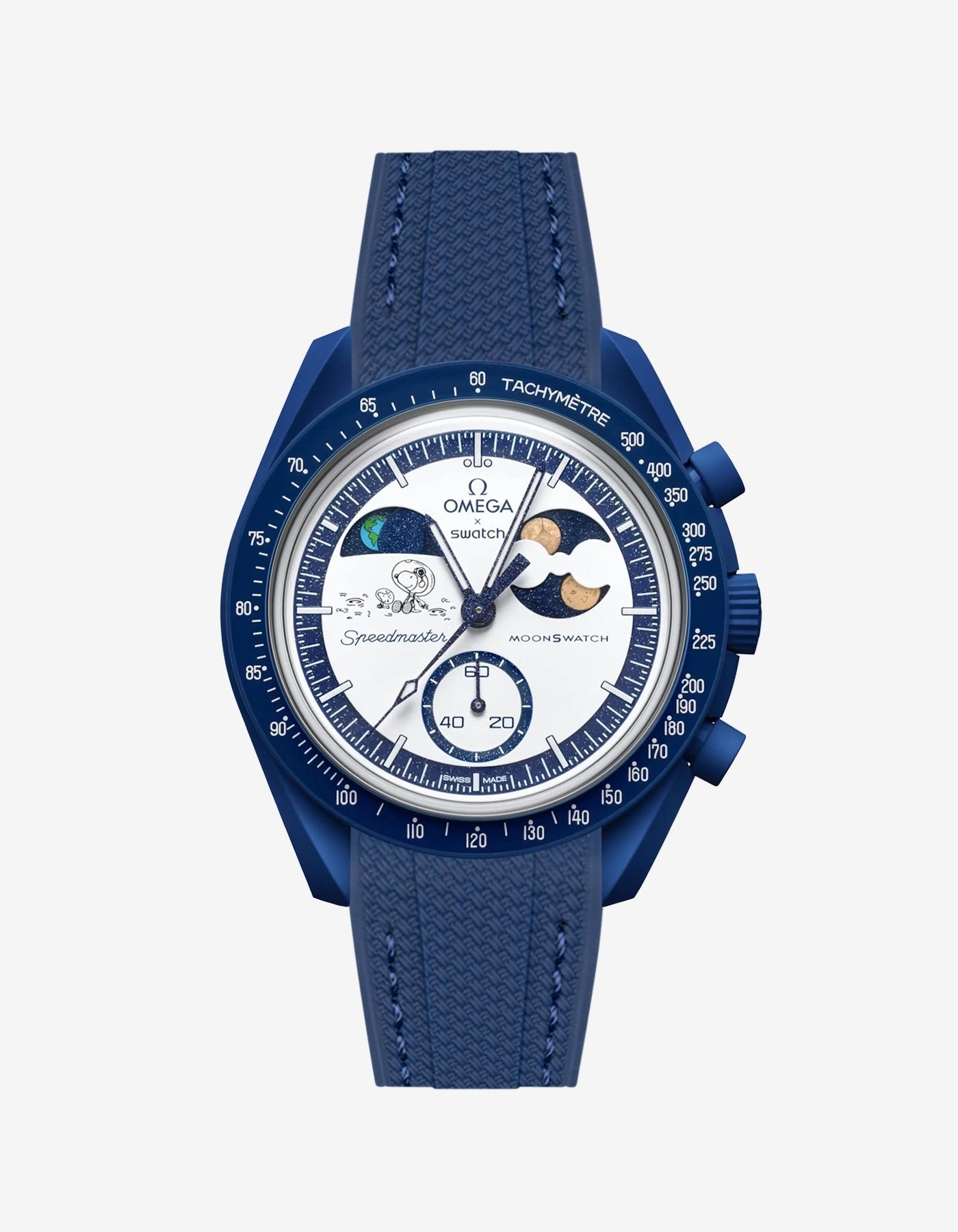 Navy Blue Rubber Strap For Omega x Swatch MoonSwatch Mission To Earthphase - Moonshine Gold attached to the watch