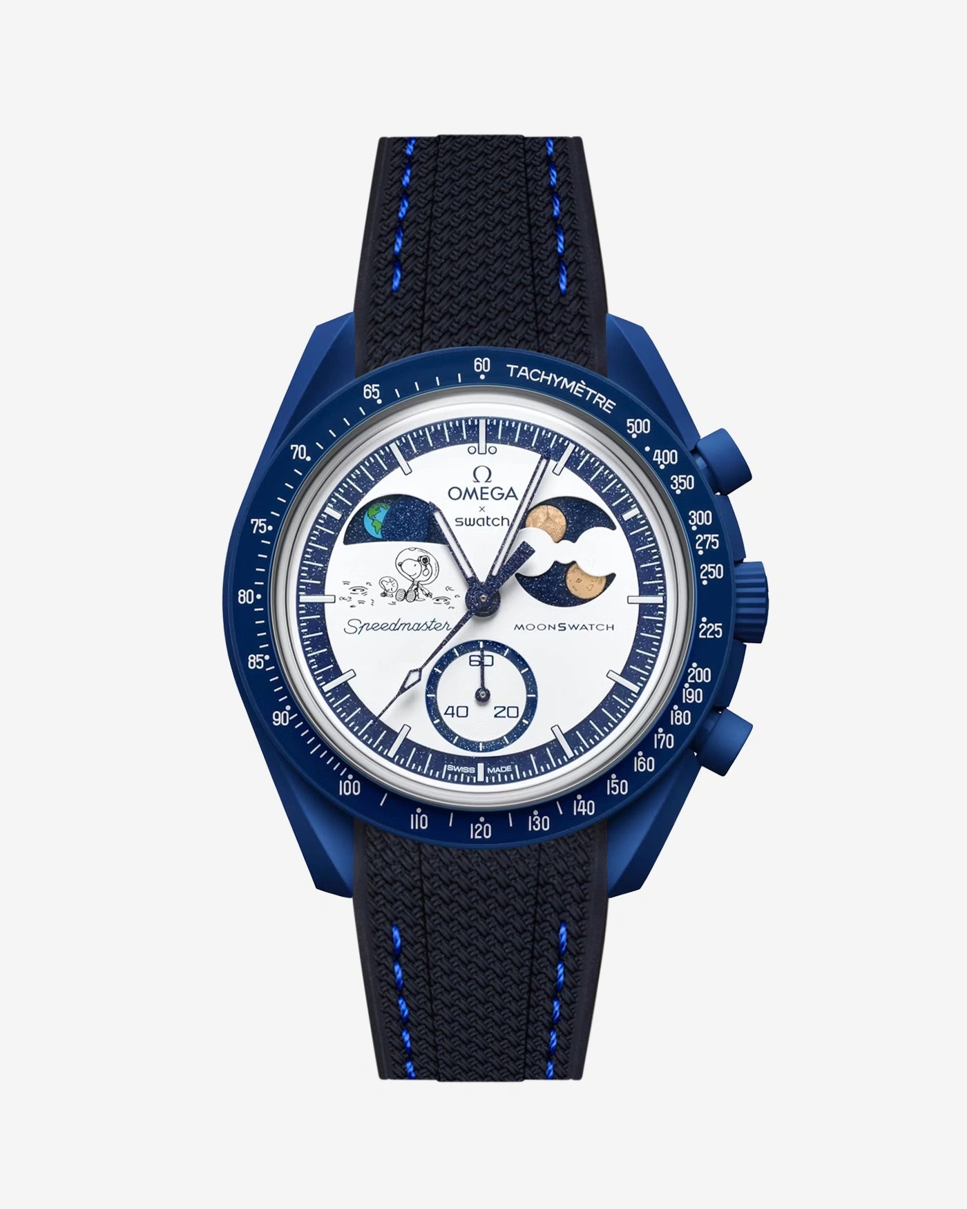 Black rubber strap with Blue stitching For MoonSwatch Mission To Earthphase - Moonshine Gold attached to the watch front view