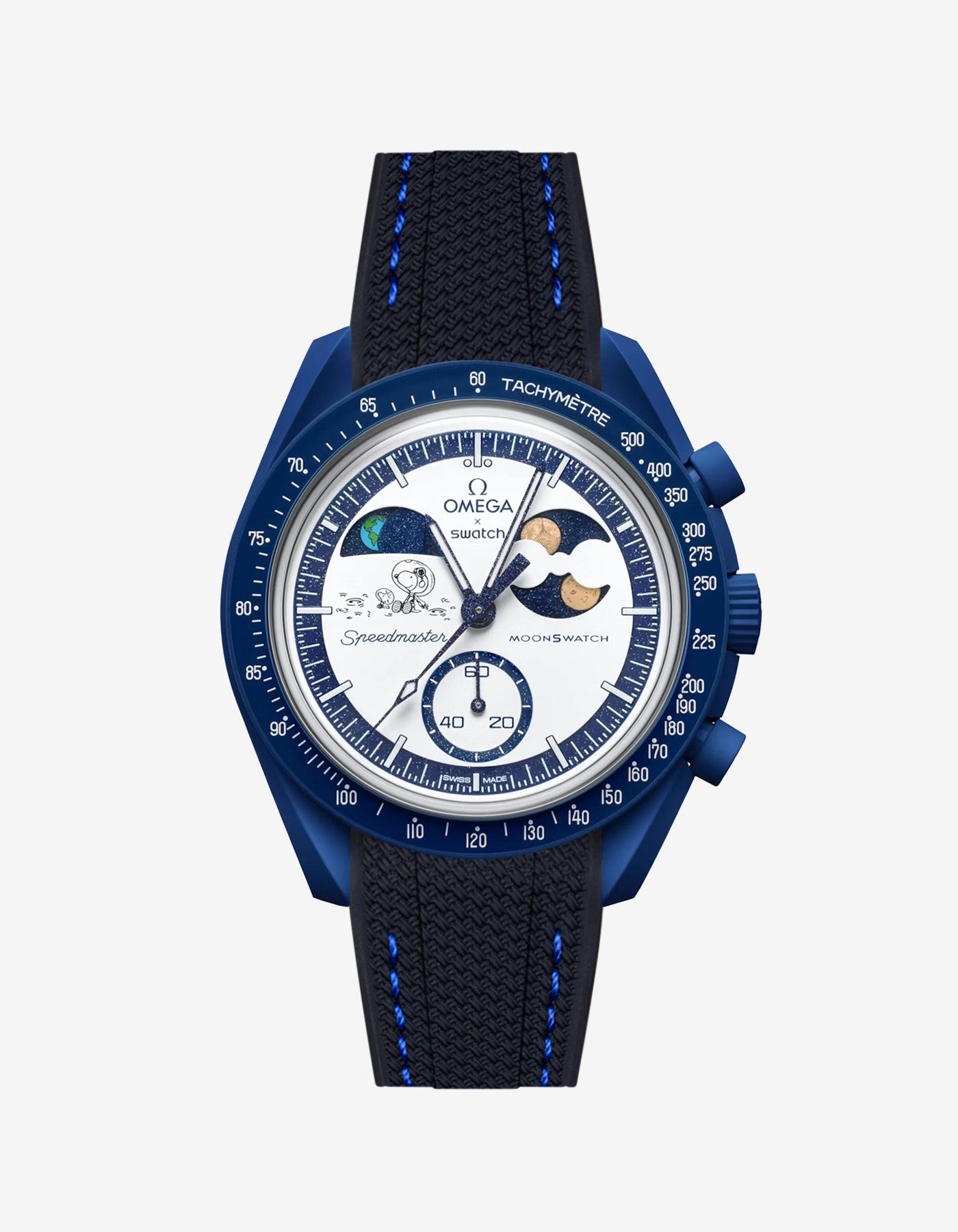 Black rubber strap with Blue stitching For MoonSwatch Mission To Earthphase - Moonshine Gold attached to the watch front view