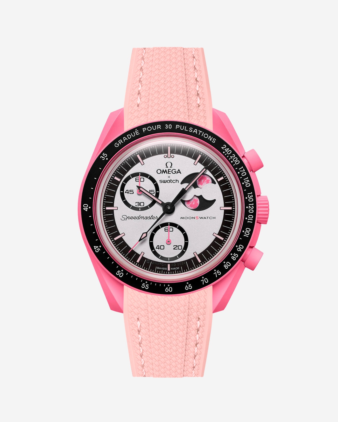 Pink rubber watch strap installed on Omega x Swatch MoonSwatch Mission to the Pink Moonphase