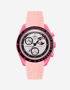 Pink rubber watch strap installed on Omega x Swatch MoonSwatch Mission to the Pink Moonphase
