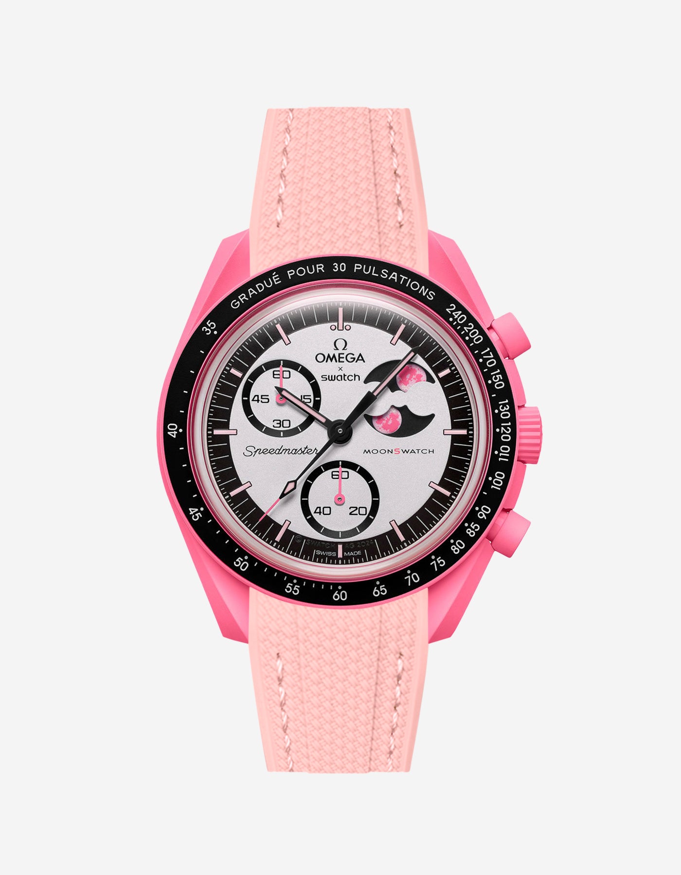 Pink rubber watch strap installed on Omega x Swatch MoonSwatch Mission to the Pink Moonphase
