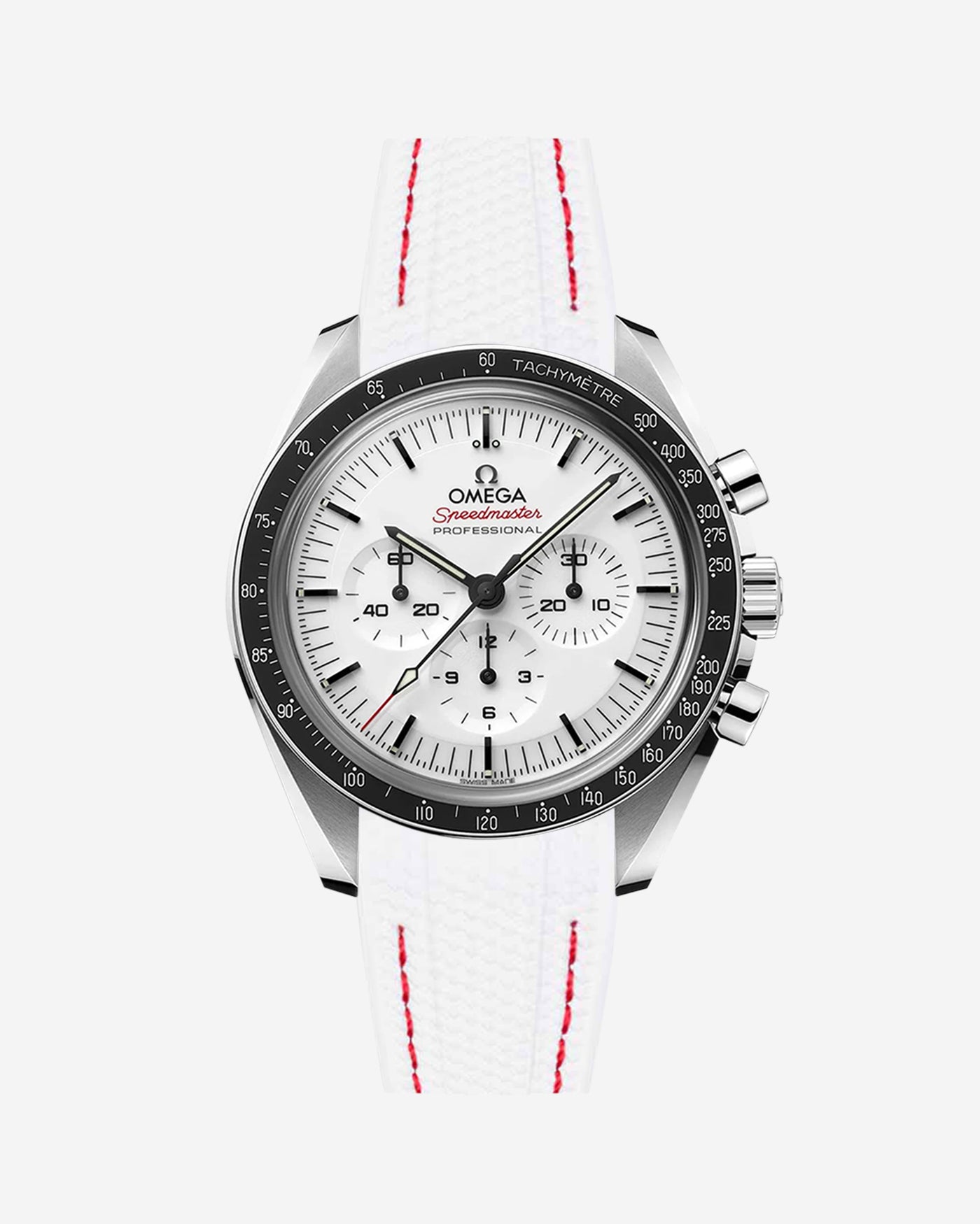 Omega Speedmaster watch with white and red stitches vertech rubbber watch strap from Wristbuddys and white dial on a white background