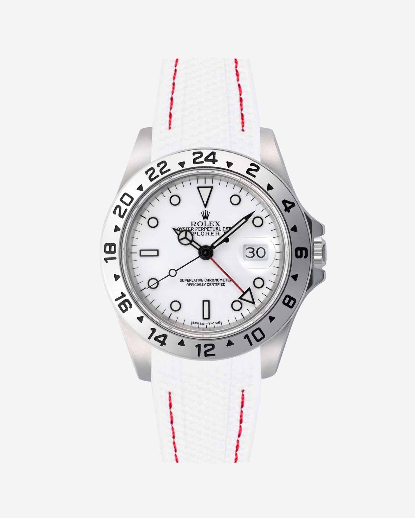 Rolex Explorer 16570 watch with white dial and on a white & red stitches vertech rubber watch strap with gray background