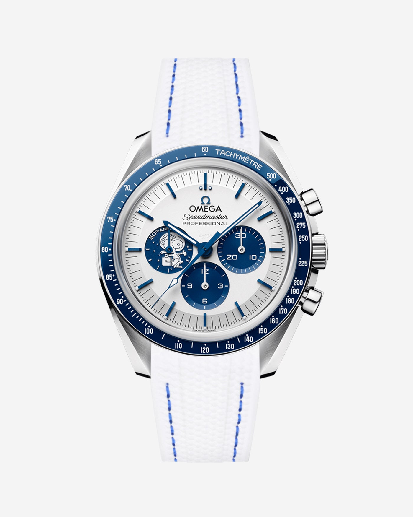 Omega Speedmaster Snoopy watch with 
white vertech rubber watch strap with blue stitches and face on a white background
