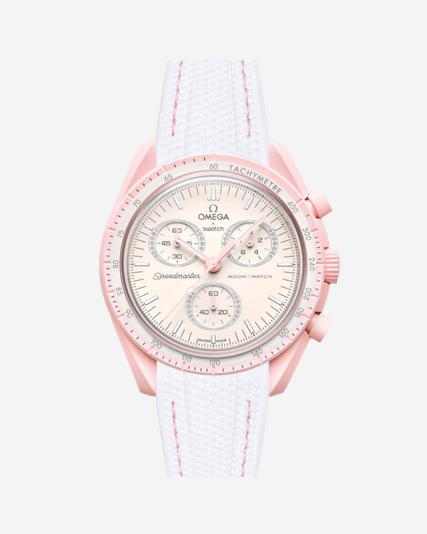 Omega X Swatch MoonSwatch Venus watch with a detailed face on a white background
