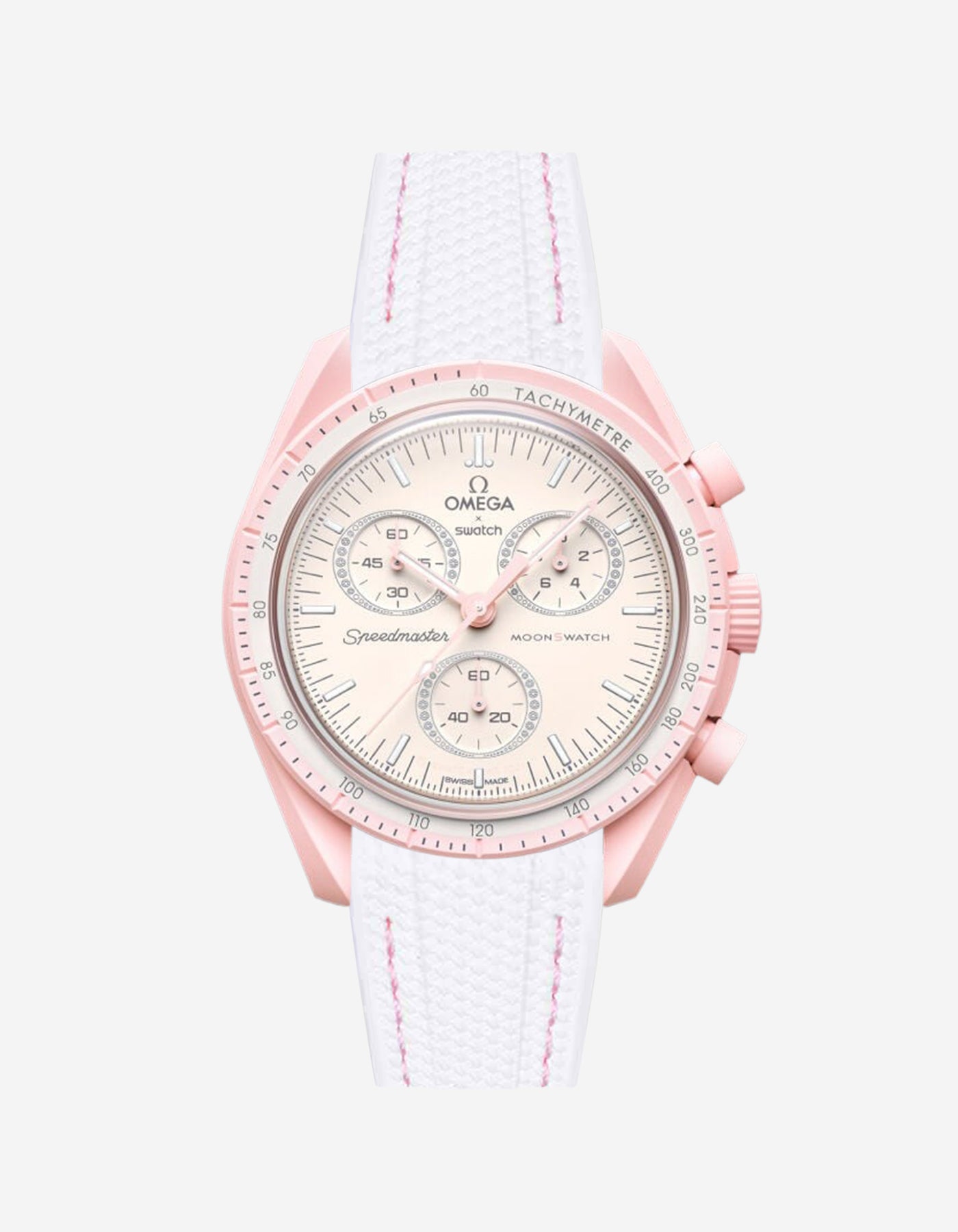 Omega X Swatch MoonSwatch Venus watch with a detailed face on a white background