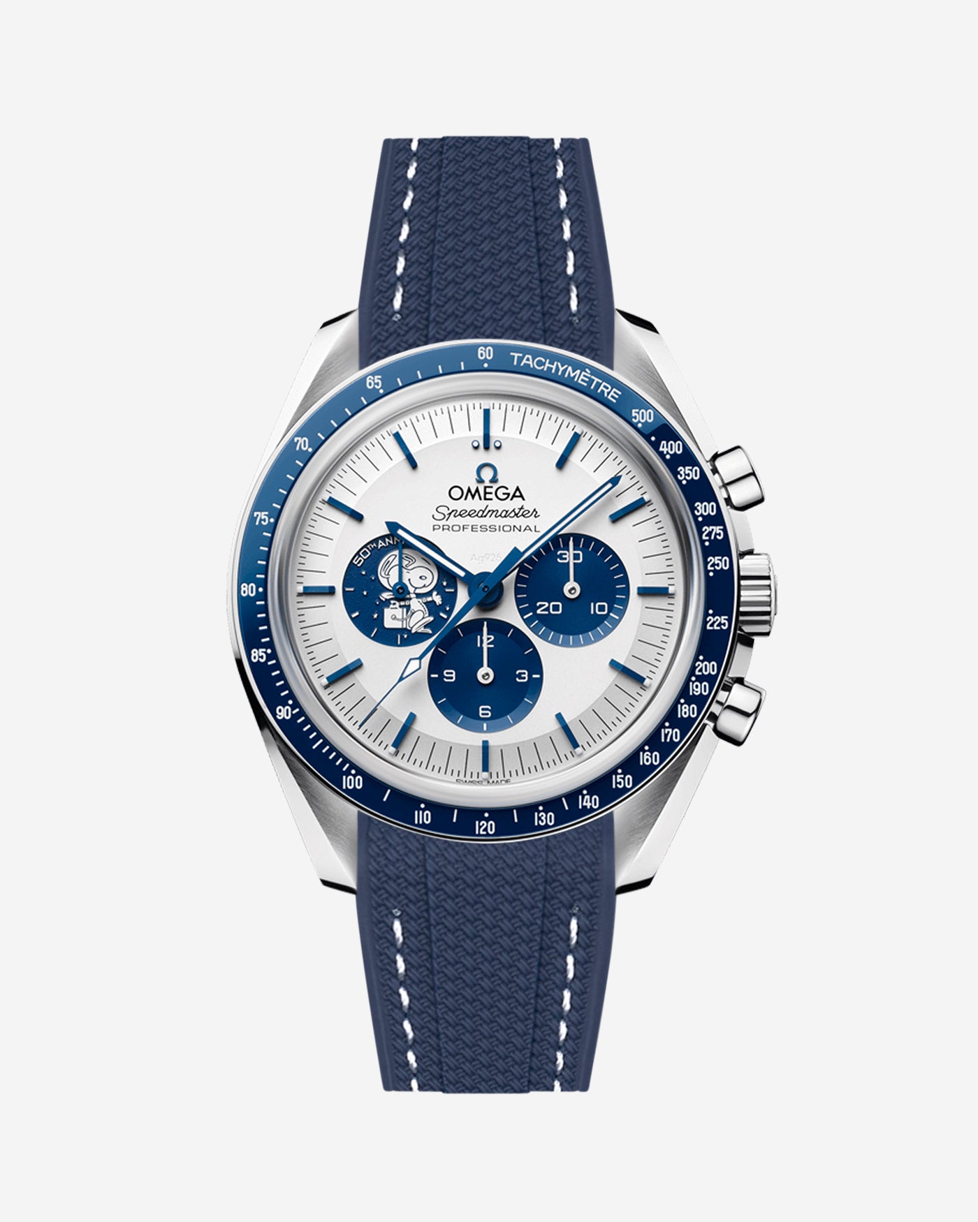 Omega Speedmaster Snoopy watch with blue vertech rubberwith white stitches  watch strap and face on a white background