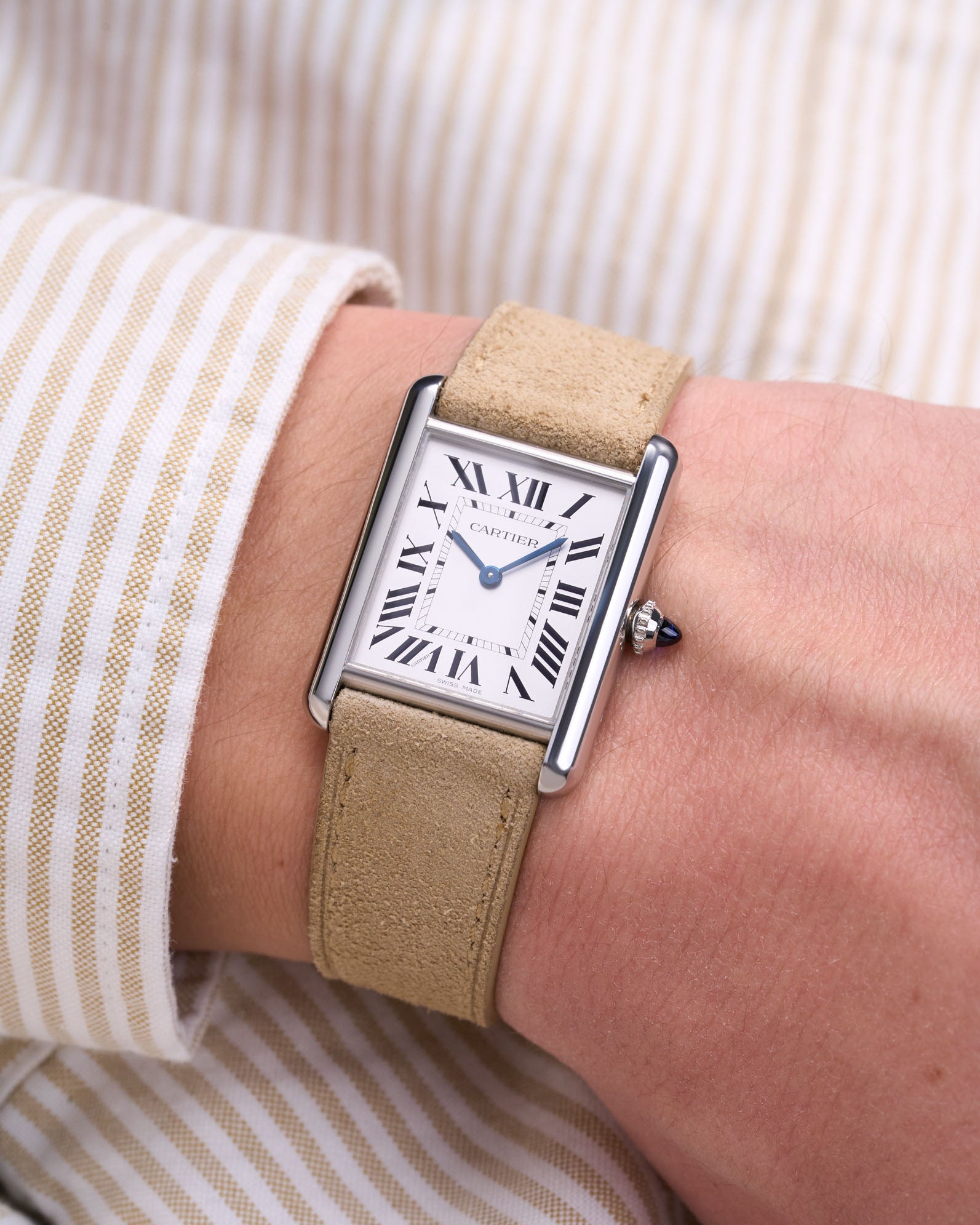Beige Suede Leather Straps for Cartier Tank Must Large wrist shot with a white and beige shirt