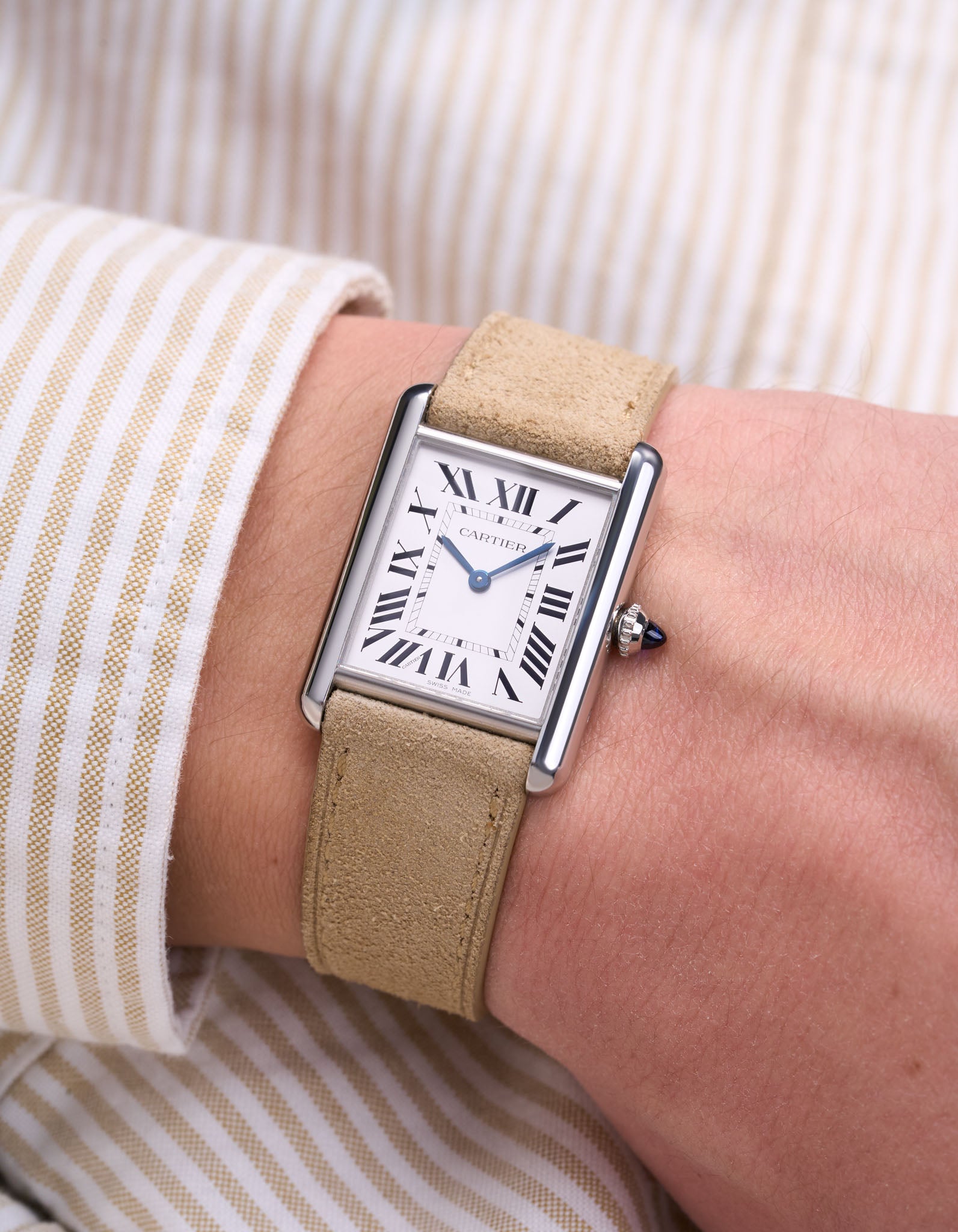 Beige Suede Leather Straps for Cartier Tank Must Large wrist shot with a white and beige shirt