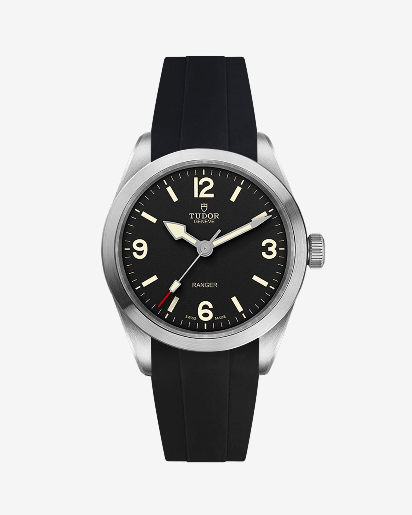 Front view of Tudor Ranger 39mm with black rubber strap fitted on the watch