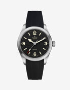 Front view of Tudor Ranger 39mm with black rubber strap fitted on the watch