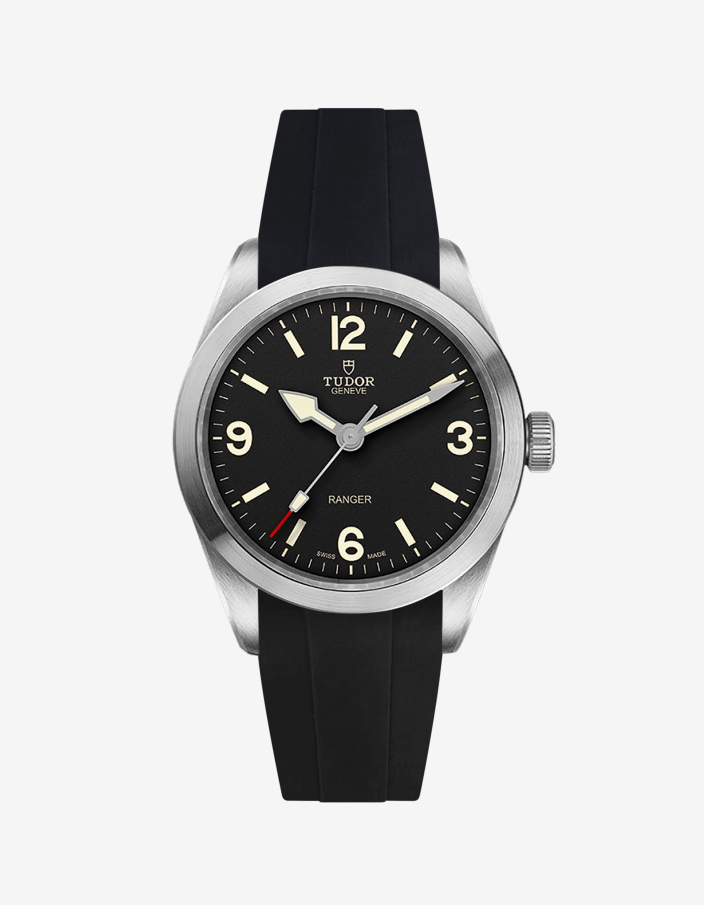 Front view of Tudor Ranger 39mm with black rubber strap fitted on the watch
