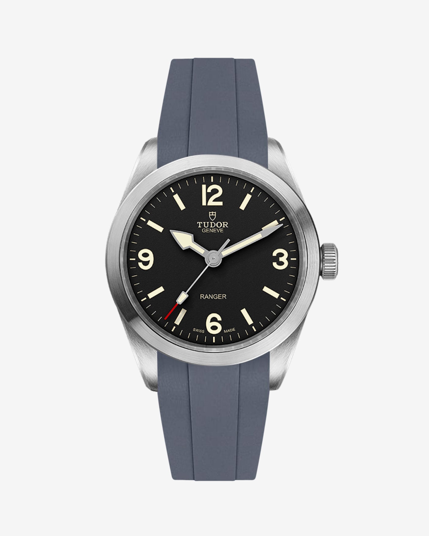 Front view of Tudor Ranger 39mm with grey rubber strap fitted on the watch