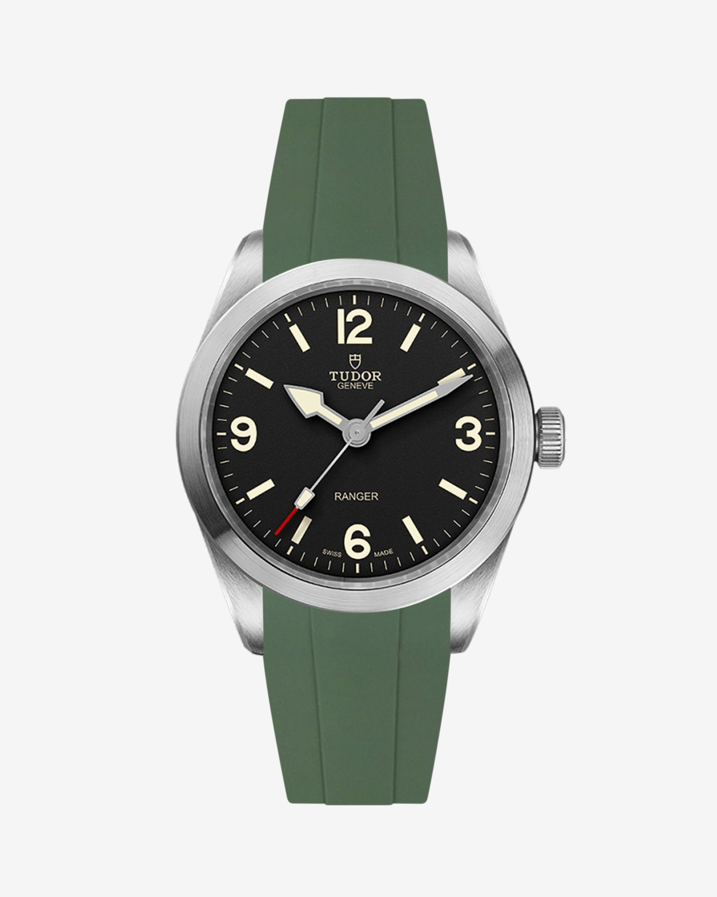 Front view of Tudor Ranger 39mm with green rubber strap fitted on the watch