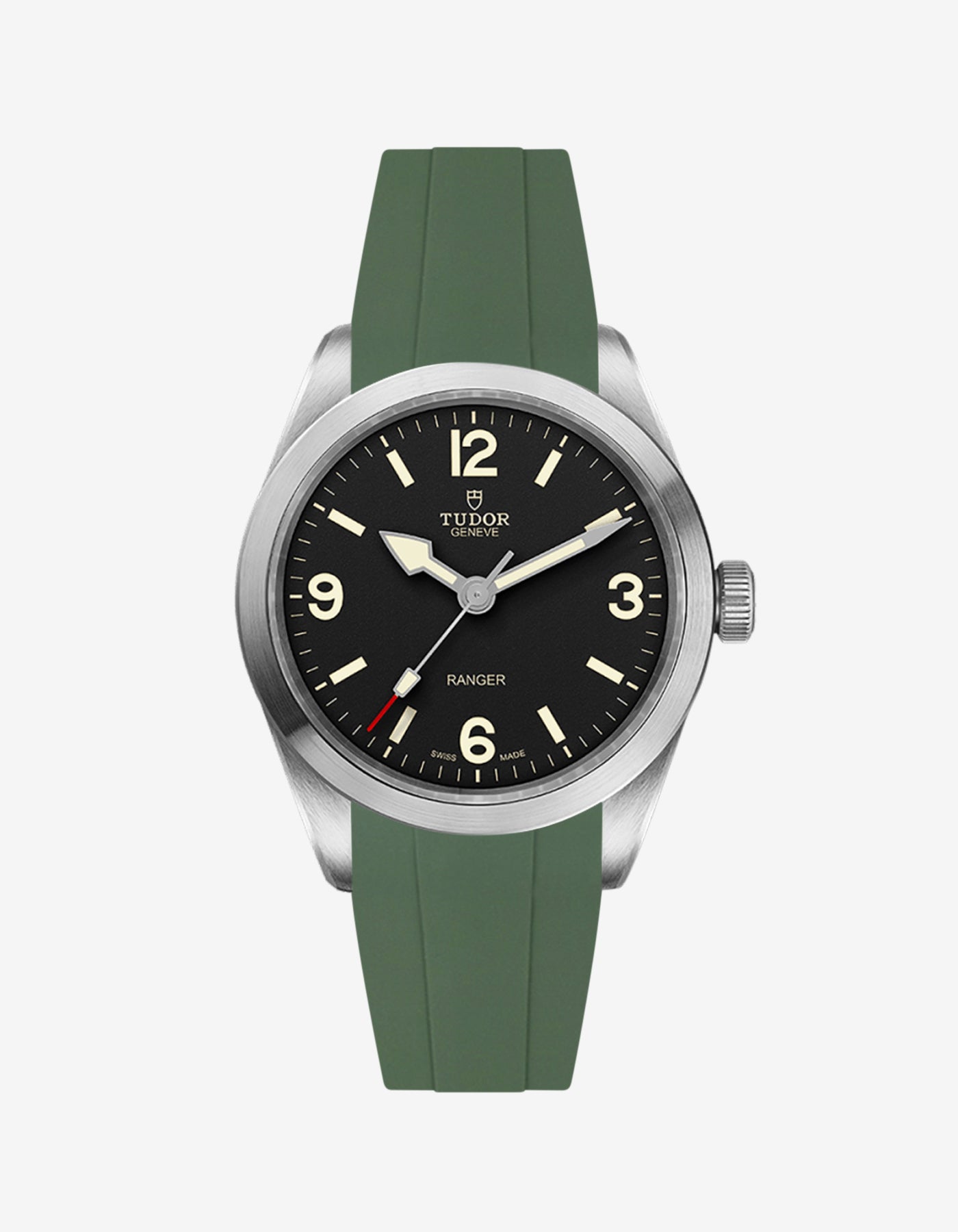 Front view of Tudor Ranger 39mm with green rubber strap fitted on the watch