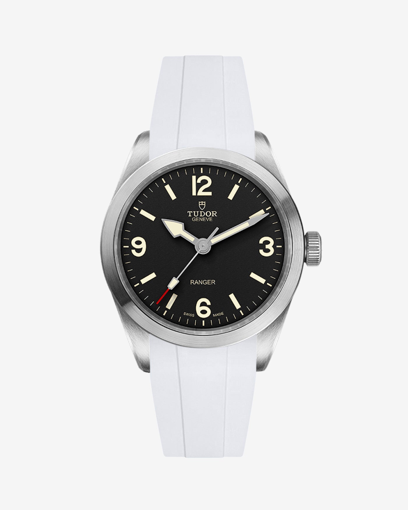 Front view of Tudor Ranger 39mm with white rubber strap fitted on the watch