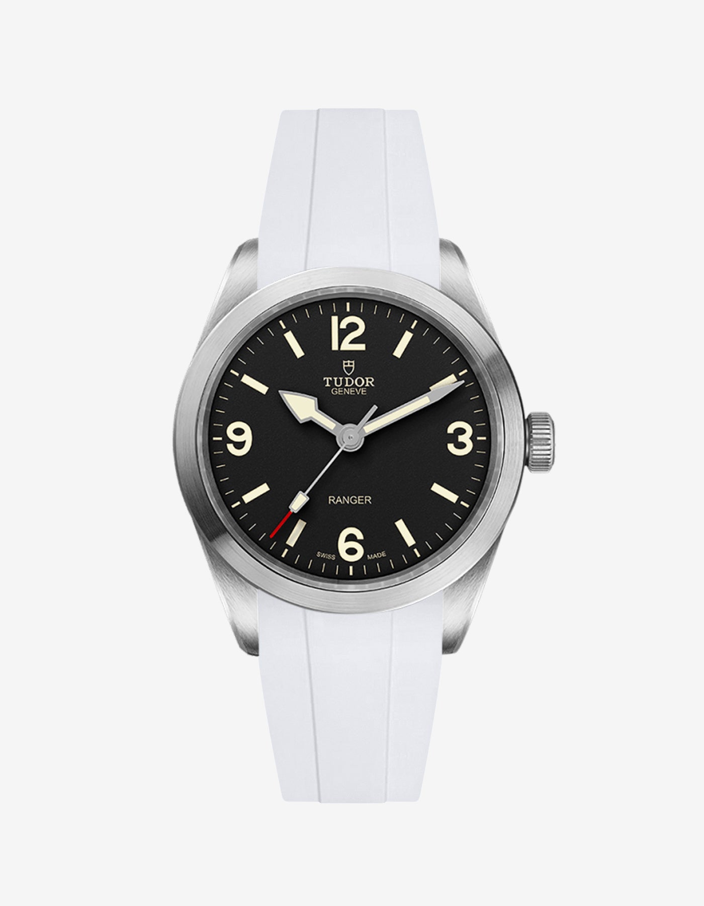 Front view of Tudor Ranger 39mm with white rubber strap fitted on the watch