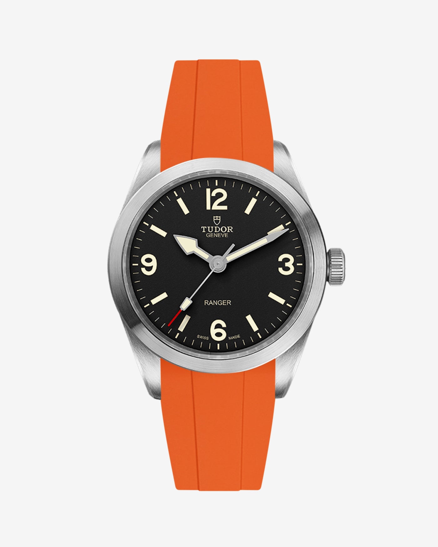 Front view of Tudor Ranger 39mm with orange rubber strap fitted on the watch