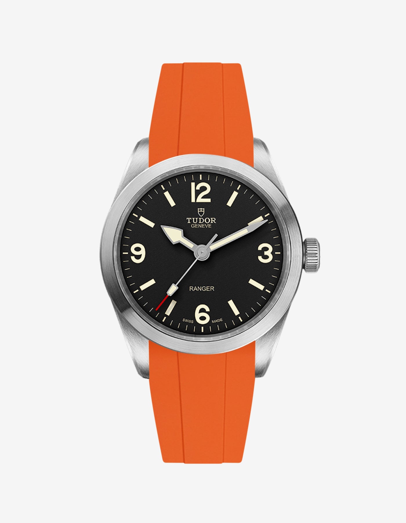 Front view of Tudor Ranger 39mm with orange rubber strap fitted on the watch