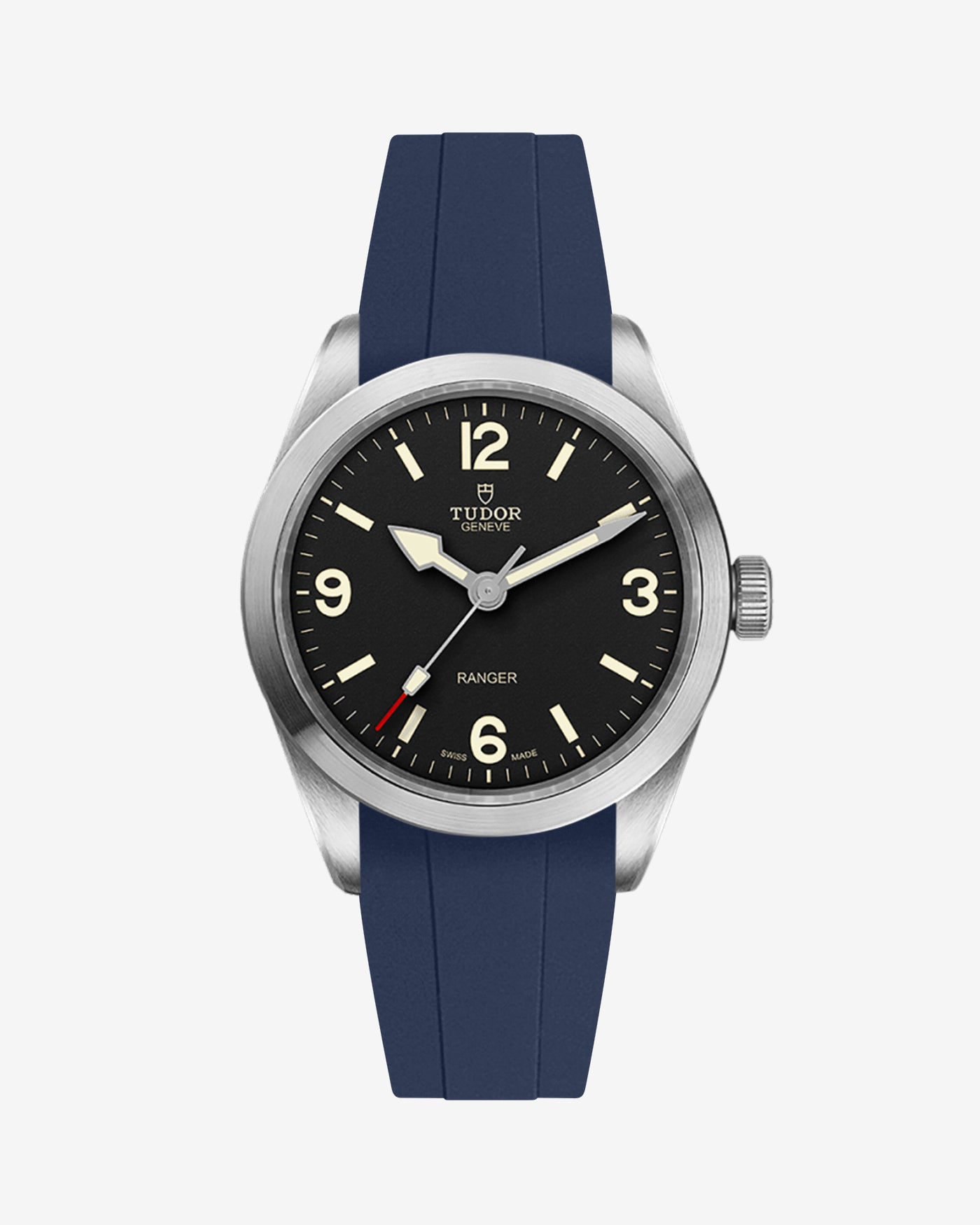 Front view of Tudor Ranger 39mm with navy blue rubber strap fitted on the watch