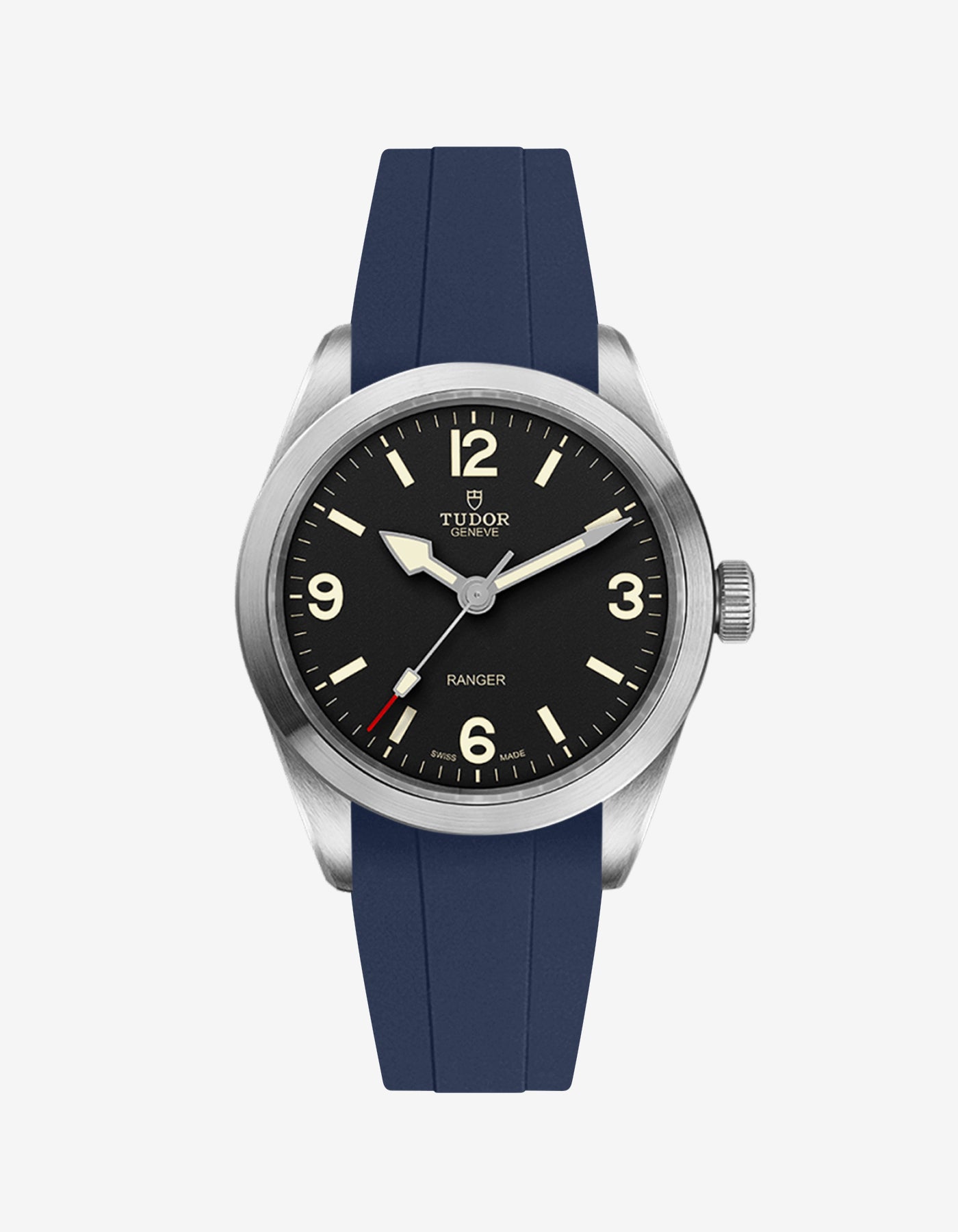 Front view of Tudor Ranger 39mm with navy blue rubber strap fitted on the watch