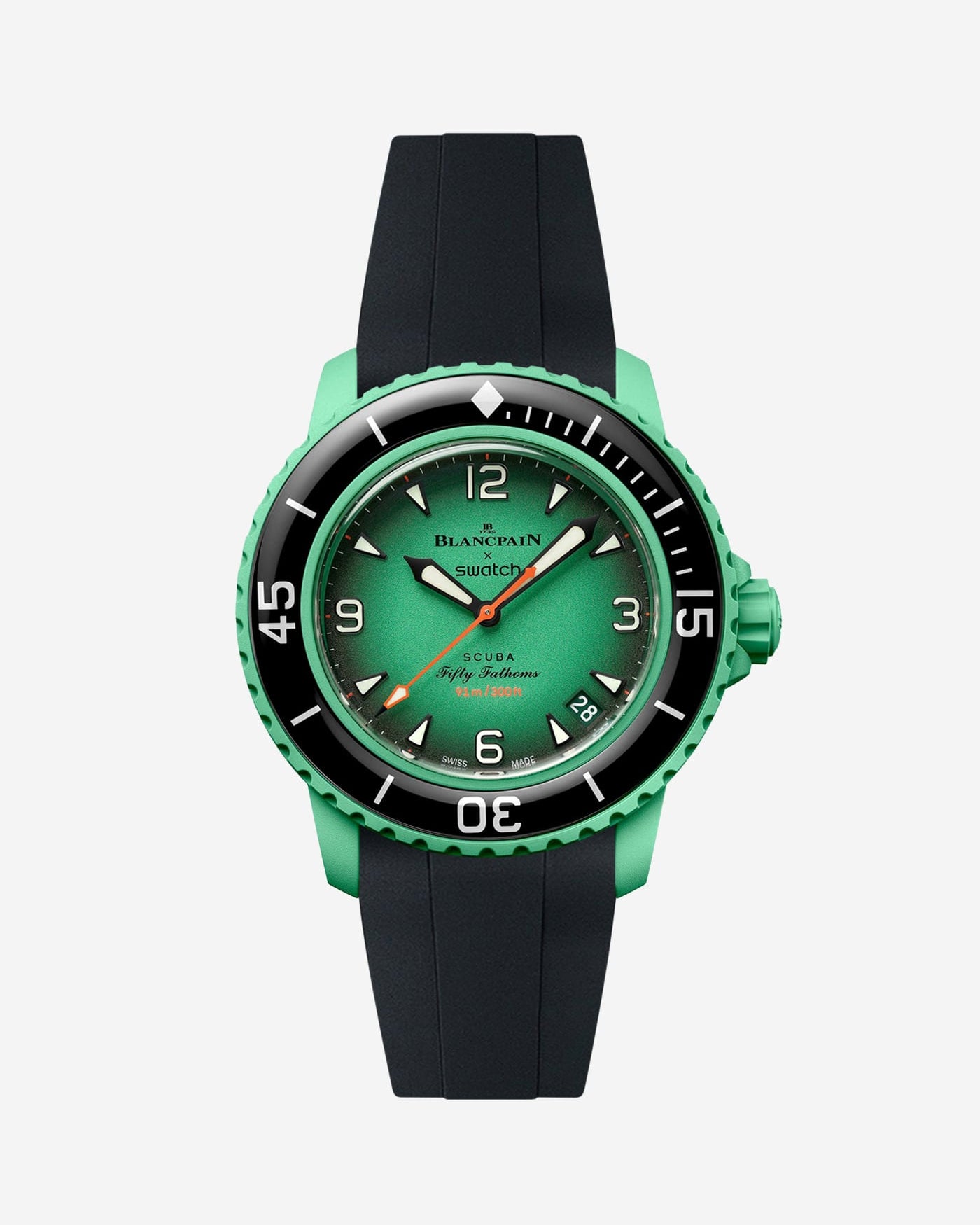 Blancpain X Swatch Indian Ocean watch displayed from the front with black rubber strap mounted