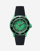Blancpain X Swatch Indian Ocean watch displayed from the front with black rubber strap mounted